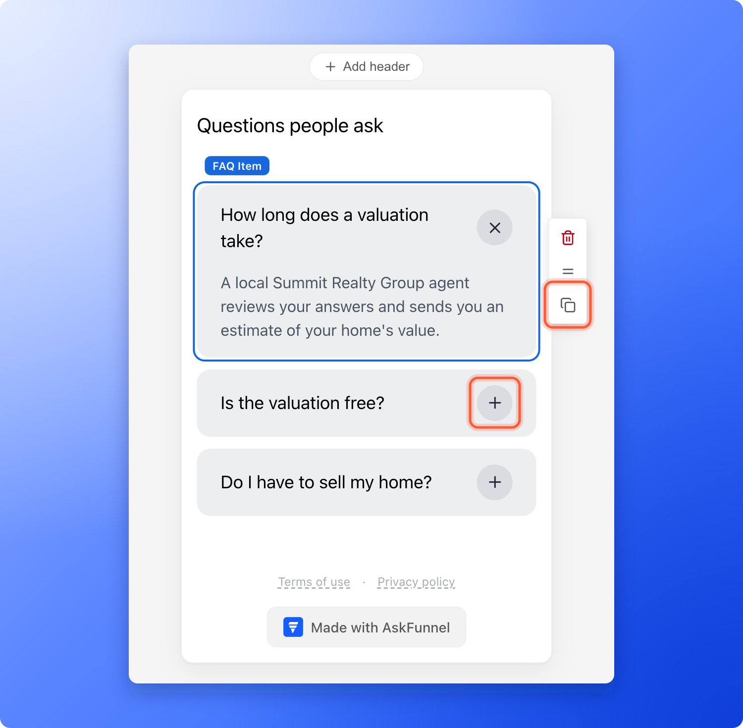 The builder canvas with a FAQ block under a Text heading that says Questions people ask, with three questions about a home valuation, the first card open and showing its answer, and the small toolbar at the right of the selected card with the delete, drag and duplicate icons, the plus button of a closed card and the duplicate icon highlighted