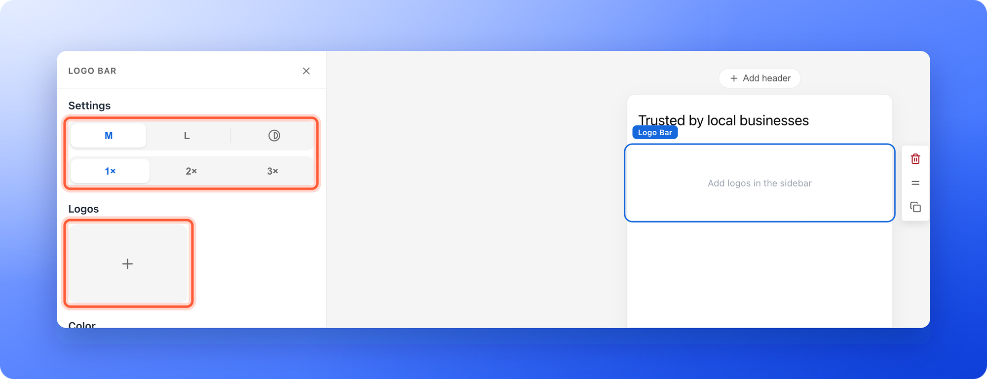 The builder with a new Logo Bar block selected under the heading Trusted by local businesses, still empty, and the left panel with the M and L buttons, the Grayscale icon, the 1x, 2x and 3x speed buttons and the Logos grid with only a plus card, the size and speed controls and the plus card highlighted
