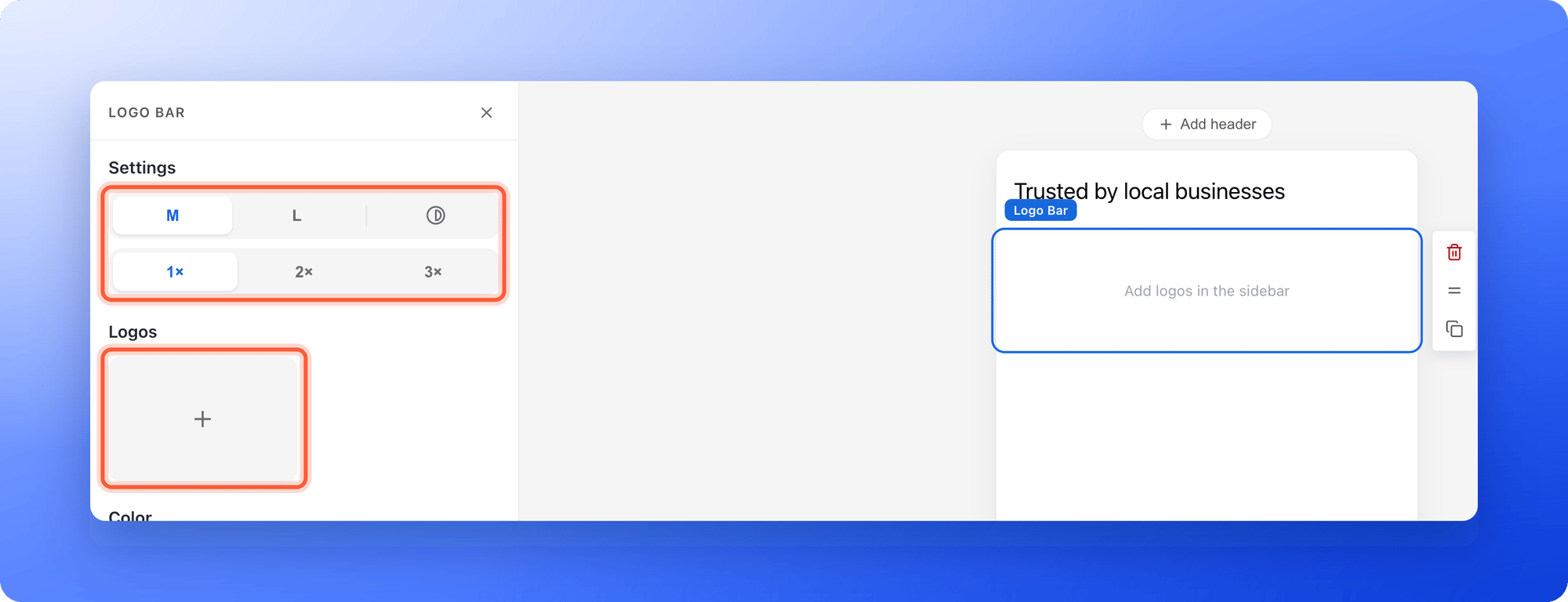 The builder with a new Logo Bar block selected under the heading Trusted by local businesses, still empty, and the left panel with the M and L buttons, the Grayscale icon, the 1x, 2x and 3x speed buttons and the Logos grid with only a plus card, the size and speed controls and the plus card highlighted