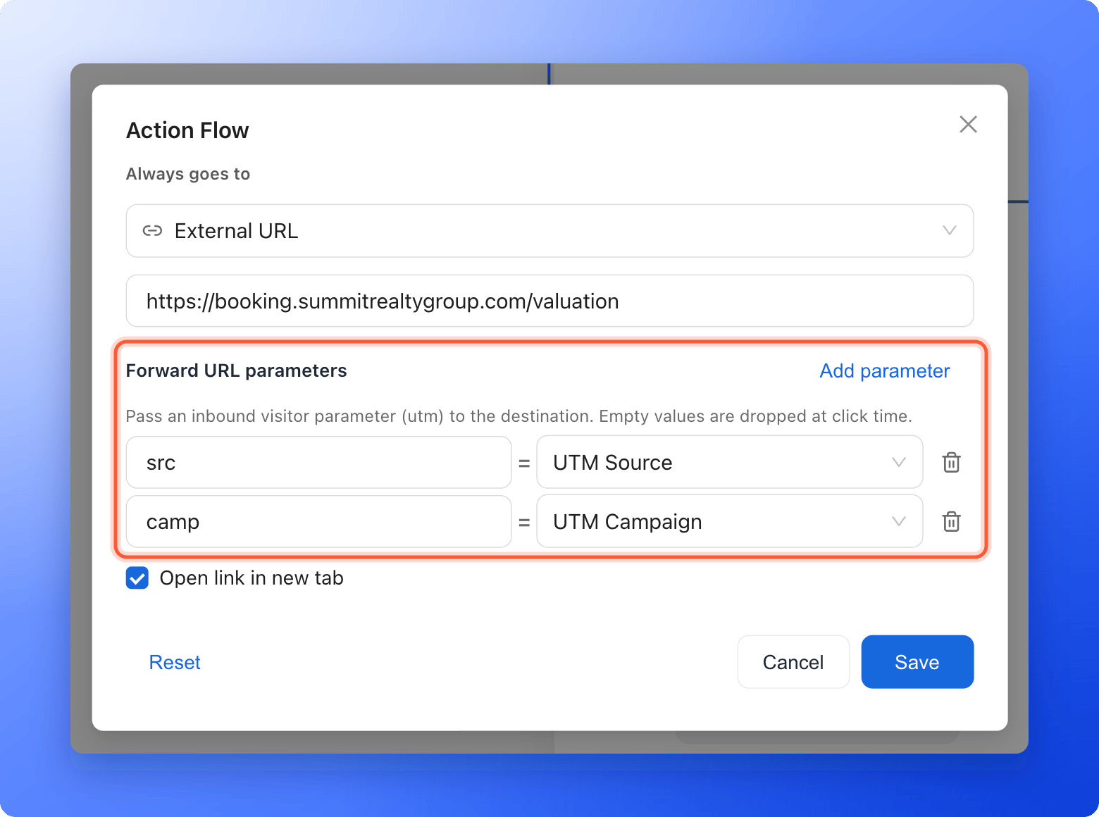 The Action Flow window with External URL chosen, the address https://booking.summitrealtygroup.com/valuation in the box and the Forward URL parameters section below it with two rows, src equals UTM Source and camp equals UTM Campaign, and the Add parameter button, the Forward URL parameters section highlighted