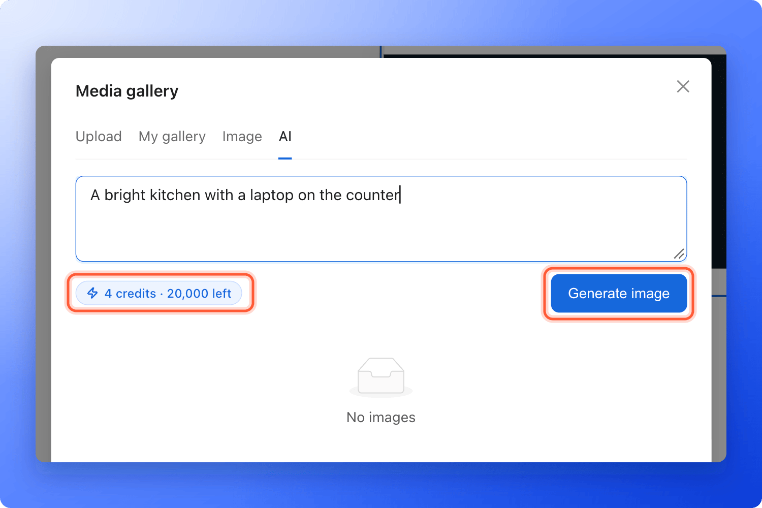 The Media gallery window on the AI tab with a prompt typed in the box, the chip that says 4 credits and how many are left, and the Generate image button, the credit chip and the button highlighted