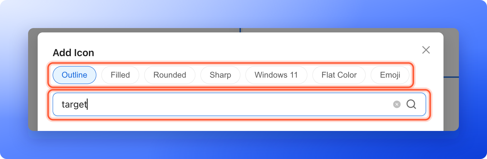 The top of the Add Icon window with the style chips Outline, Filled, Rounded, Sharp, Windows 11, Flat Color and Emoji and the search box with the word target typed in, the style chips and the search box highlighted