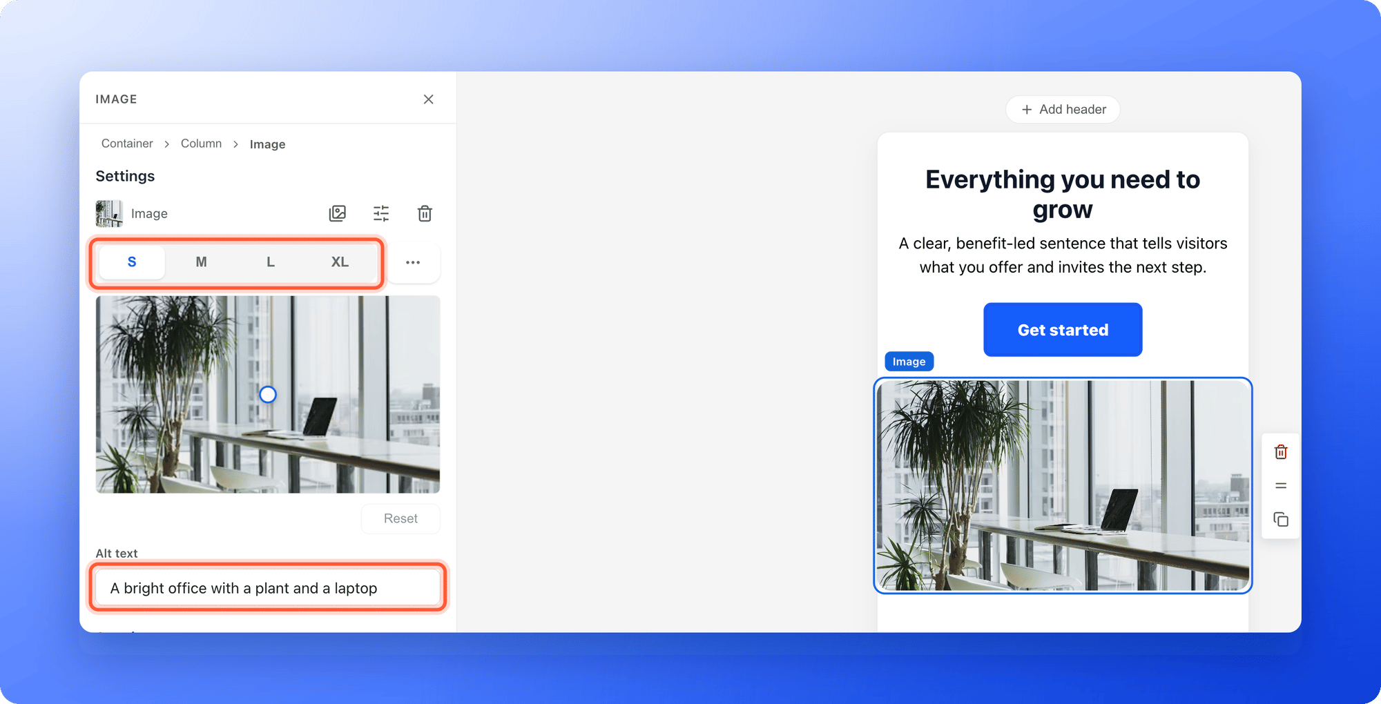 The left panel for a selected Image block with the picture preview and the Change, Edit and Remove icons, the S, M, L and XL size buttons with the Custom crop button, the focal point preview and the Alt text field filled in, with the size buttons and the Alt text field highlighted