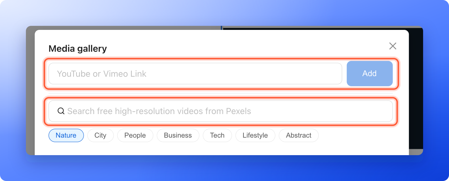 The top of the Media gallery window for a Video block with the YouTube or Vimeo Link field and the Add button, the Pexels search box and the suggestion chips Nature, City, People, Business, Tech, Lifestyle and Abstract below it, the link field with the Add button and the Pexels search box highlighted