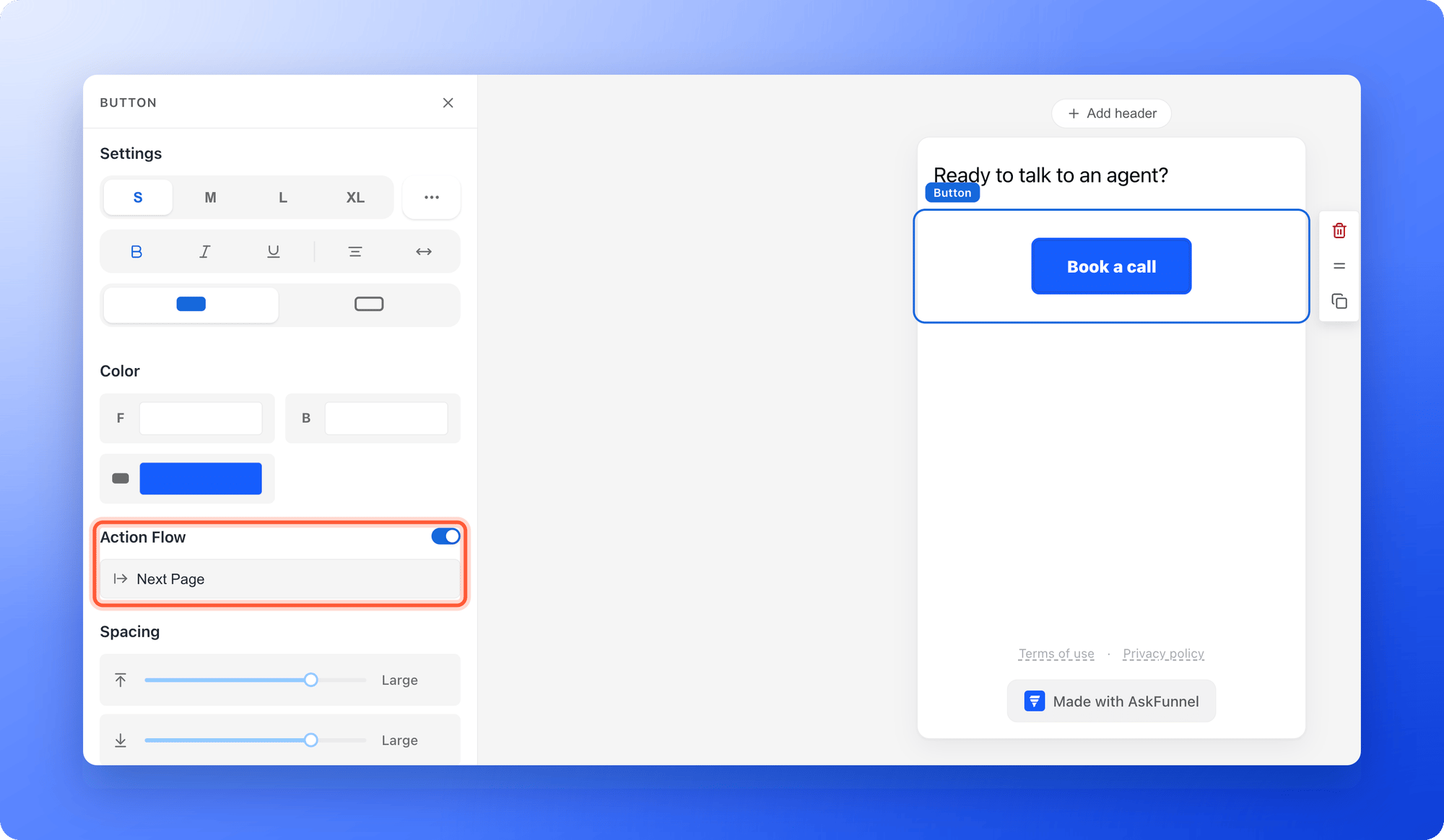 The builder with a Button selected on the canvas and the left panel showing the Action Flow section with its switch on and the row that says Next Page, the switch and the row highlighted