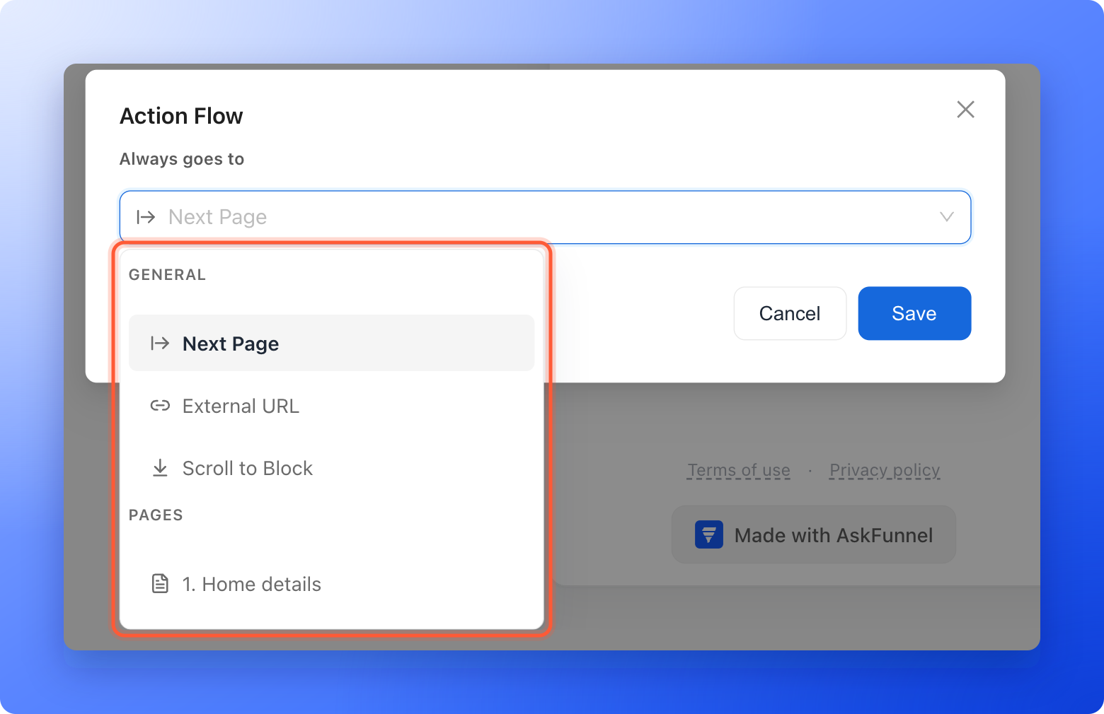 The Action Flow window with the Always goes to list open, showing the General group with Next Page, External URL and Scroll to Block and the start of the Pages group, with the open list highlighted