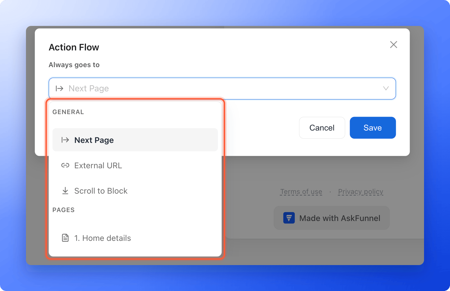The Action Flow window with the Always goes to list open, showing the General group with Next Page, External URL and Scroll to Block and the start of the Pages group, with the open list highlighted