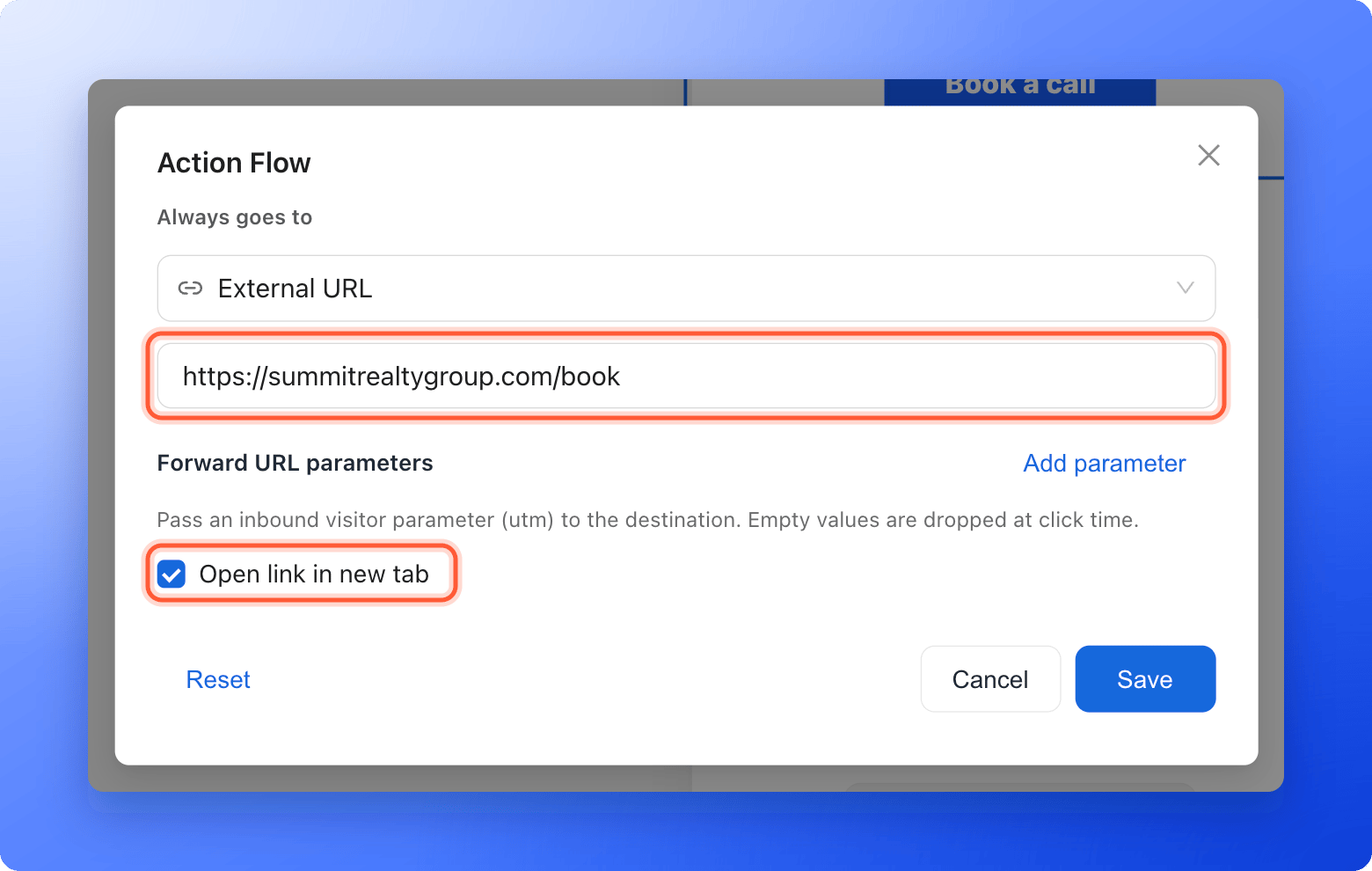 The Action Flow window with External URL chosen, the address https://summitrealtygroup.com/book typed in the box, the Forward URL parameters row below it and the Open link in new tab checkbox ticked, the address box and the checkbox highlighted