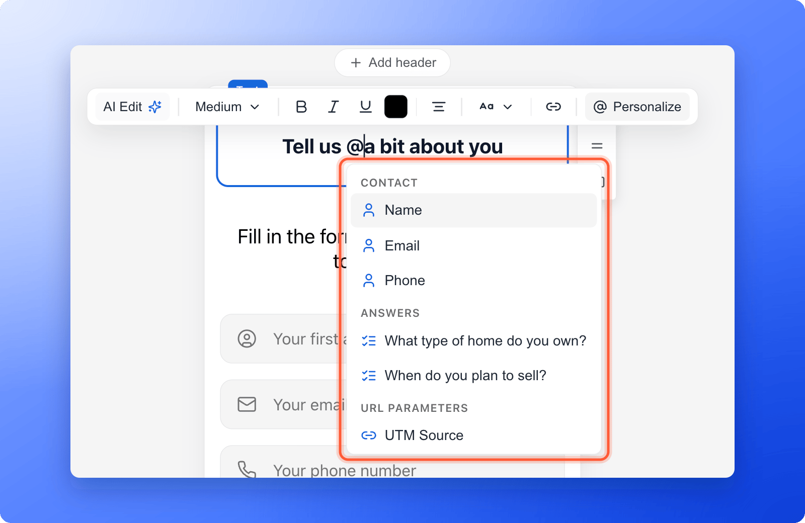 A headline being edited in the builder with the @ list open below the cursor, showing the groups Contact with Name, Email and Phone, Answers with two quiz questions and URL parameters starting with UTM Source, the open list with its group names highlighted