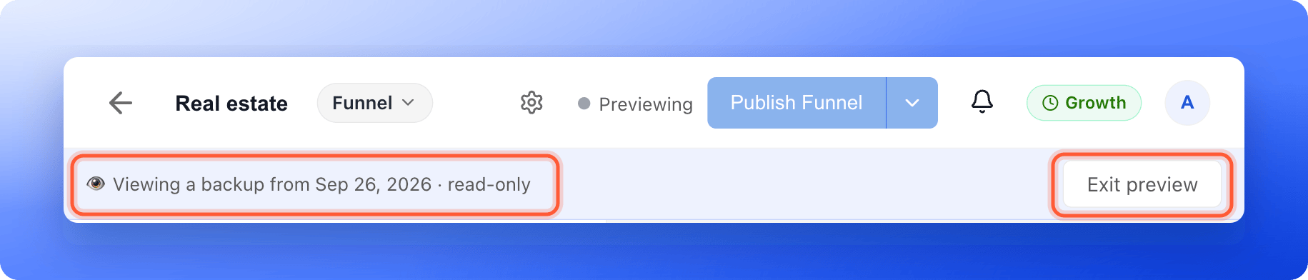 The builder showing the bar Viewing a backup from Sep 26, 2026 and the Exit preview button, both highlighted