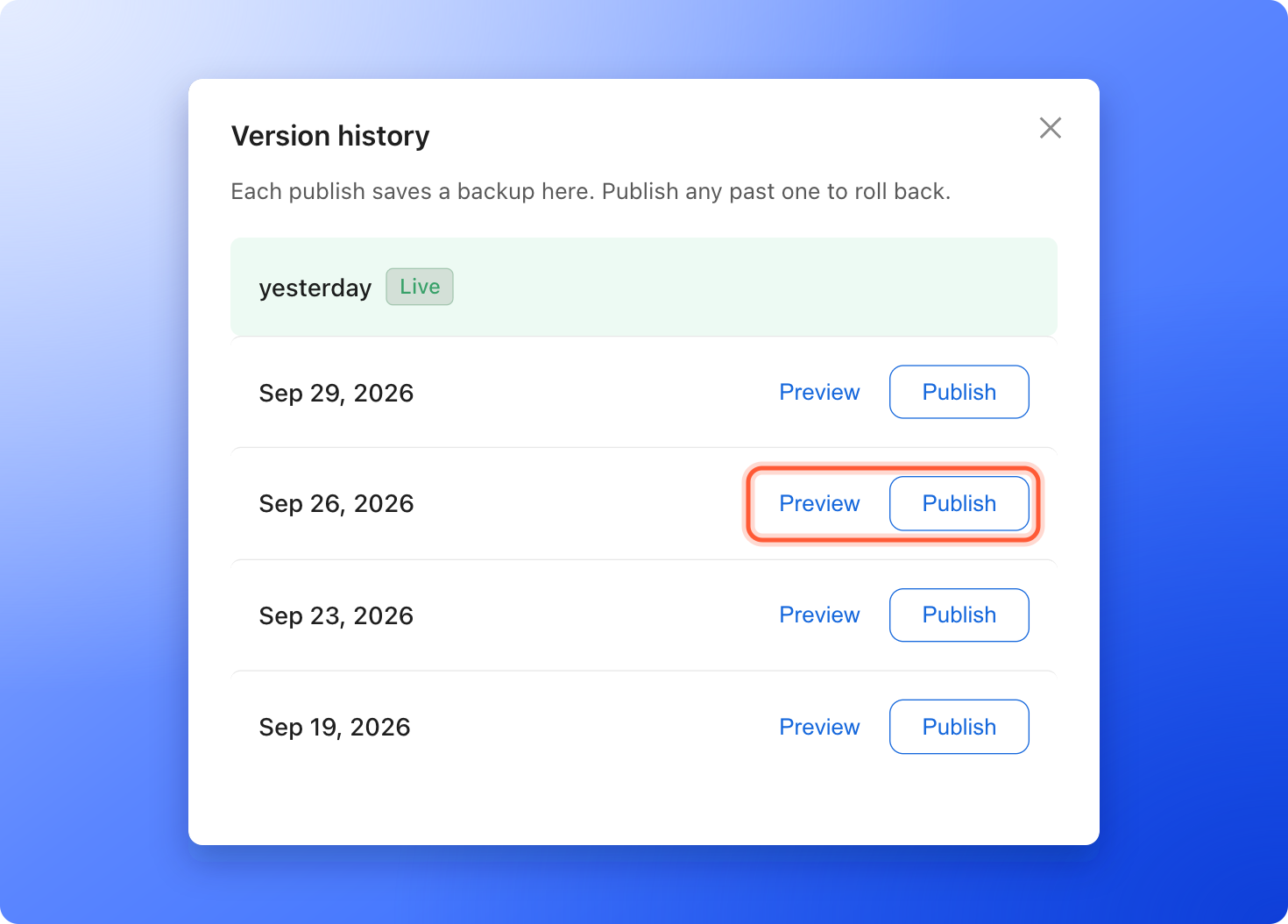The Version history window with the newest backup tagged Live and the Preview and Publish buttons of an older backup highlighted