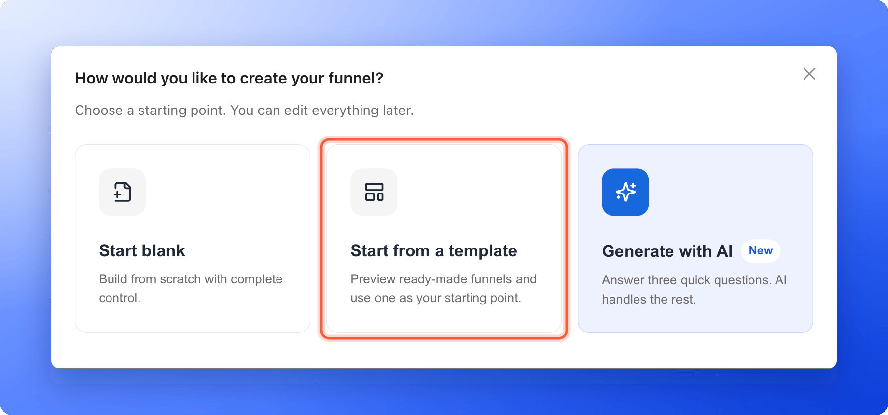The How would you like to create your funnel window with the cards Start blank, Start from a template and Generate with AI, and the Start from a template card highlighted