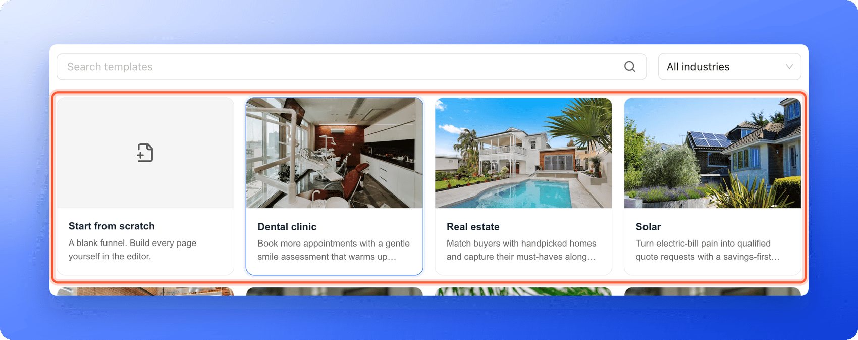 The Start from a template page with the Search templates box, the industry list and the template cards on the left, starting with Start from scratch, then Dental clinic, Real estate and Solar, each with a one line description, the cards highlighted