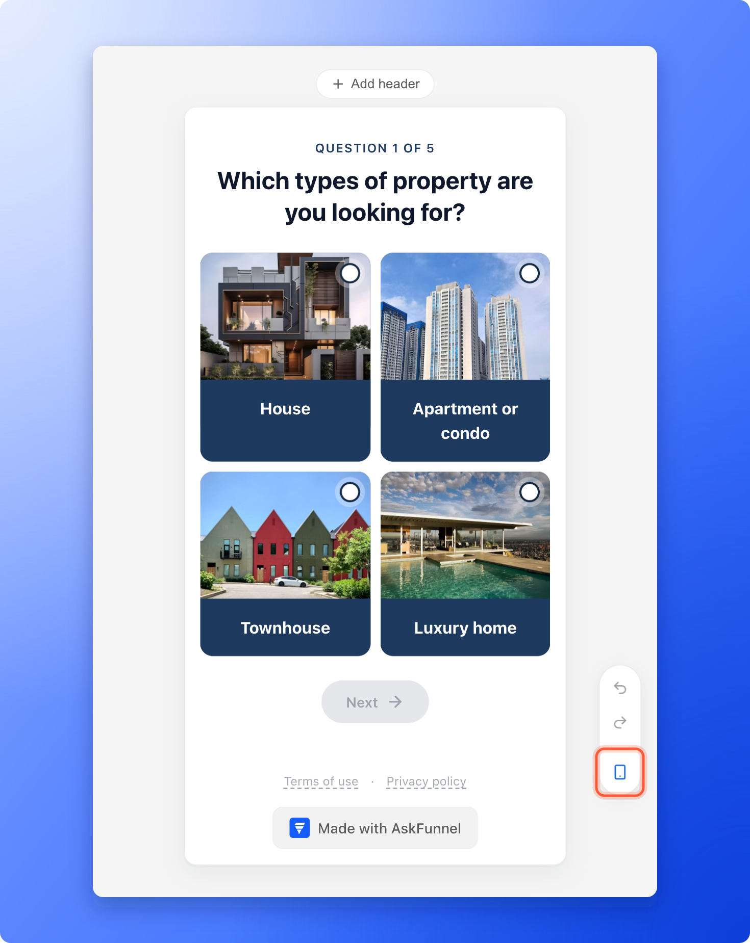 The funnel builder canvas in Mobile view with a quiz page at phone width, and the small toolbar at the right edge with the Undo and Redo buttons and the device button, the device button highlighted