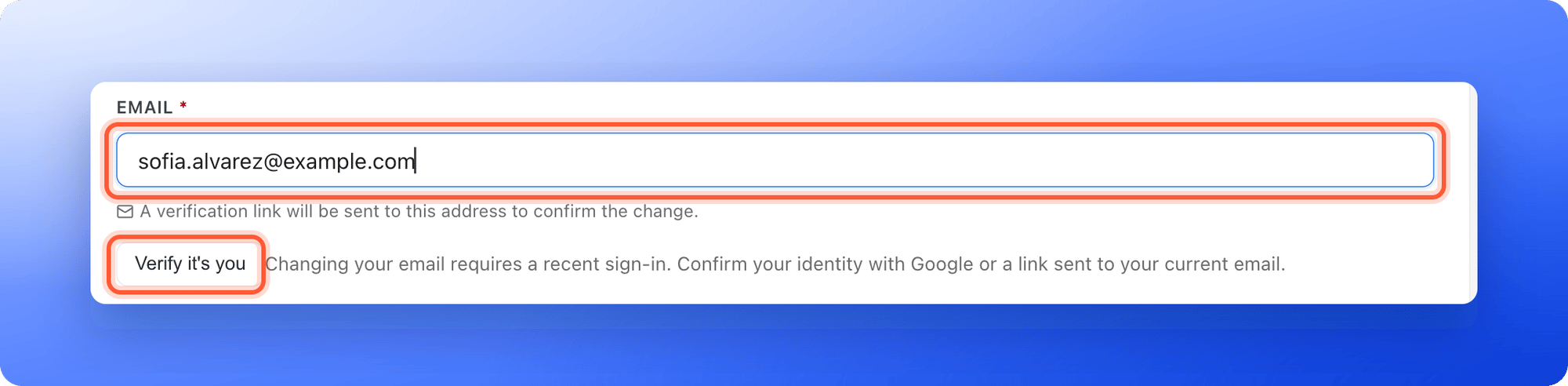 The Personal information section of the Profile page with the Email box holding a new address, sofia.alvarez@example.com, the note about the verification link under it, the Verify it's you button and the line Changing your email requires a recent sign-in, the Email box and the Verify it's you button highlighted