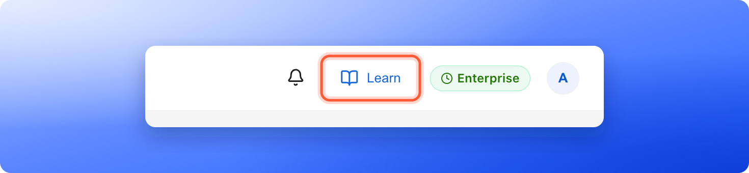 The top bar of the Funnels page with the Learn button, shown with a book icon next to the notification bell and the plan badge, highlighted