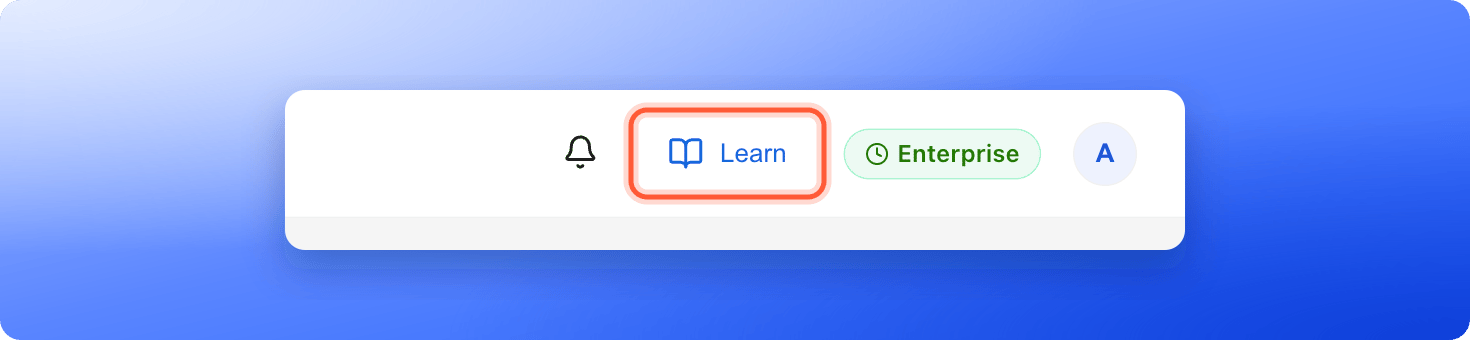 The top bar of the Funnels page with the Learn button, shown with a book icon next to the notification bell and the plan badge, highlighted