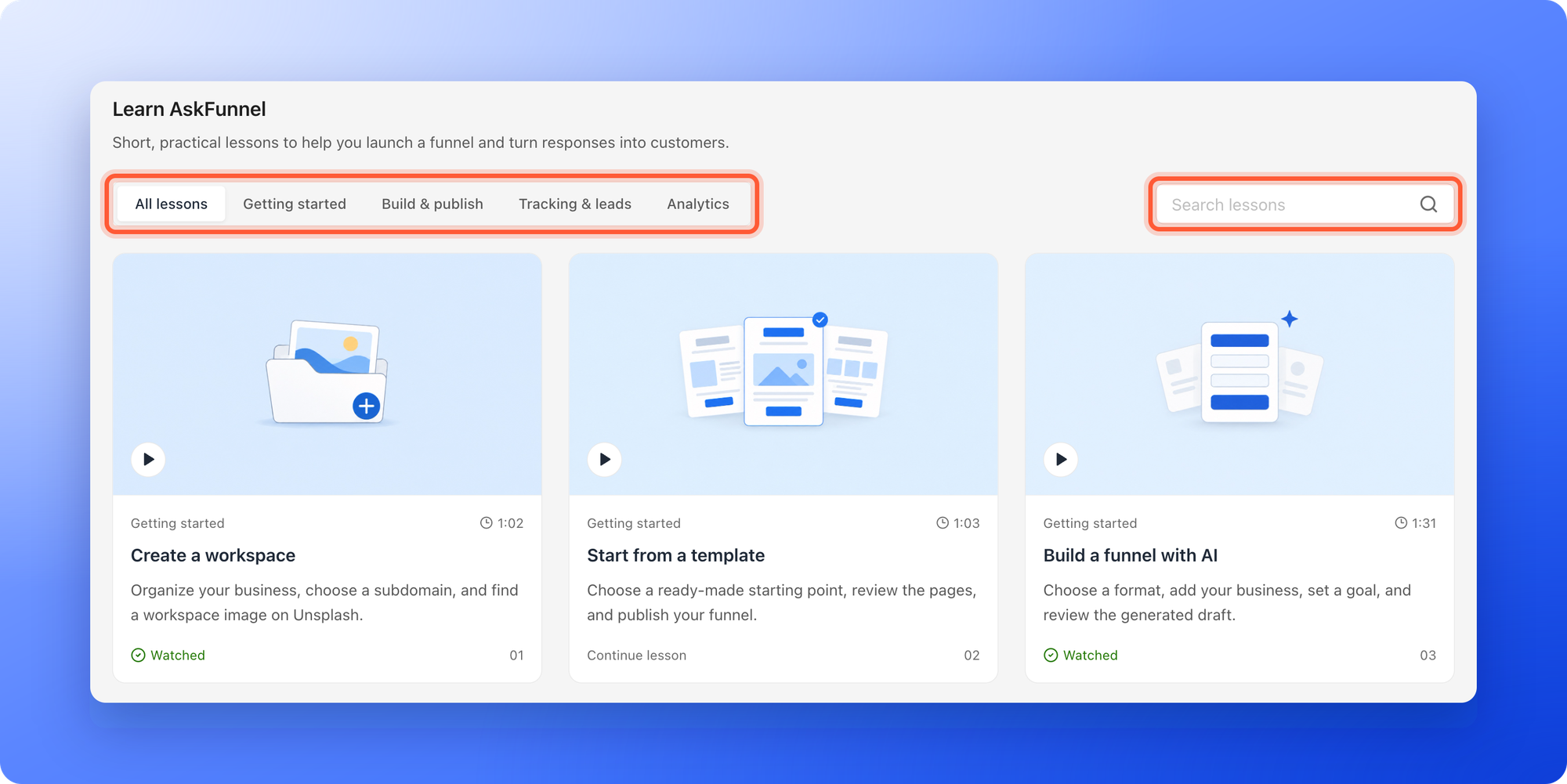 The Learn AskFunnel page with the topic buttons All lessons, Getting started, Build and publish, Tracking and leads and Analytics, the Search lessons box and a grid of lesson cards, two marked Watched and one marked Continue lesson, with the topic buttons and the search box highlighted