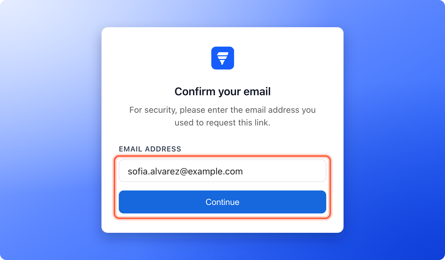 The Confirm your email page with the email address typed in the Email address box and the Continue button, both highlighted