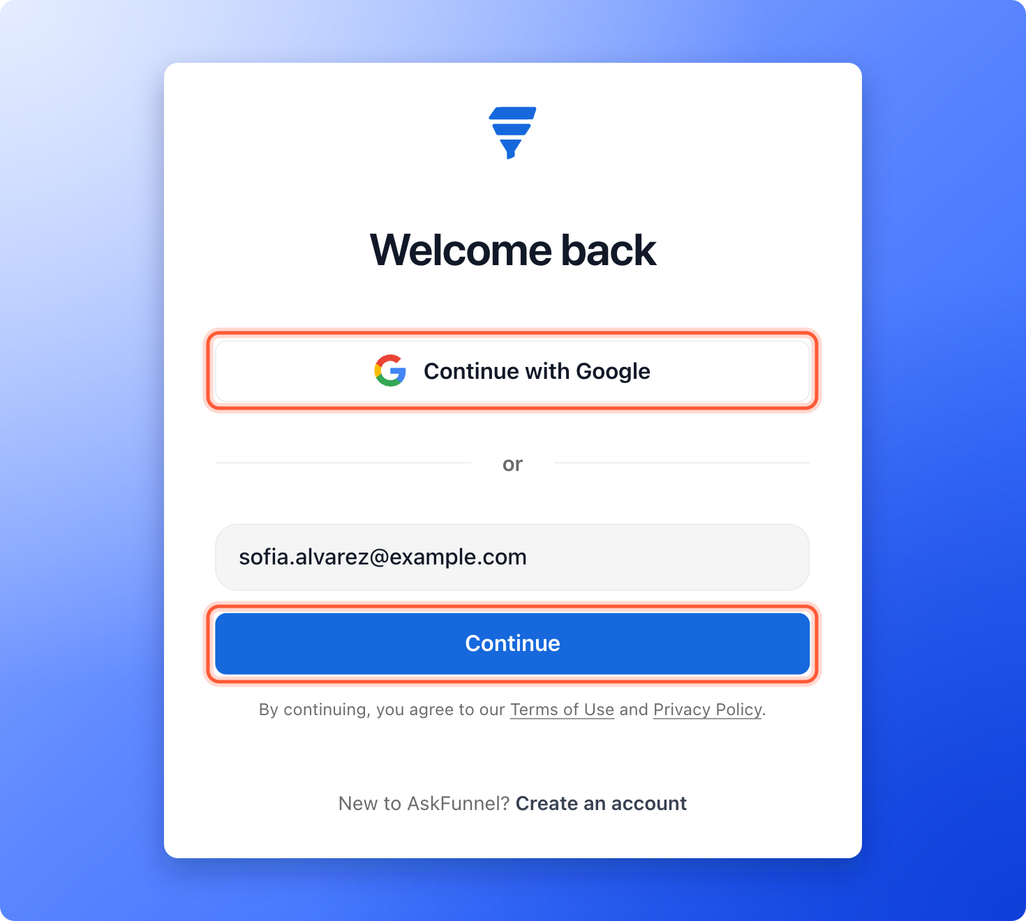 The Welcome back sign in page with the Continue with Google button, an email address typed in the box and the Continue button, with both buttons highlighted