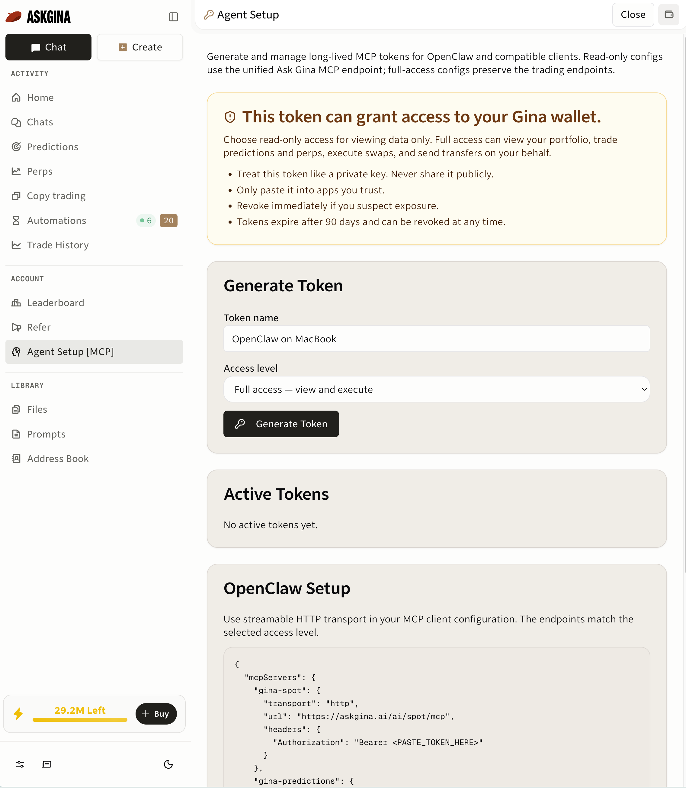 Gina Agent Setup showing the wallet-access notice, Full access — view and execute selected, and a venue-specific MCP configuration with a placeholder token.