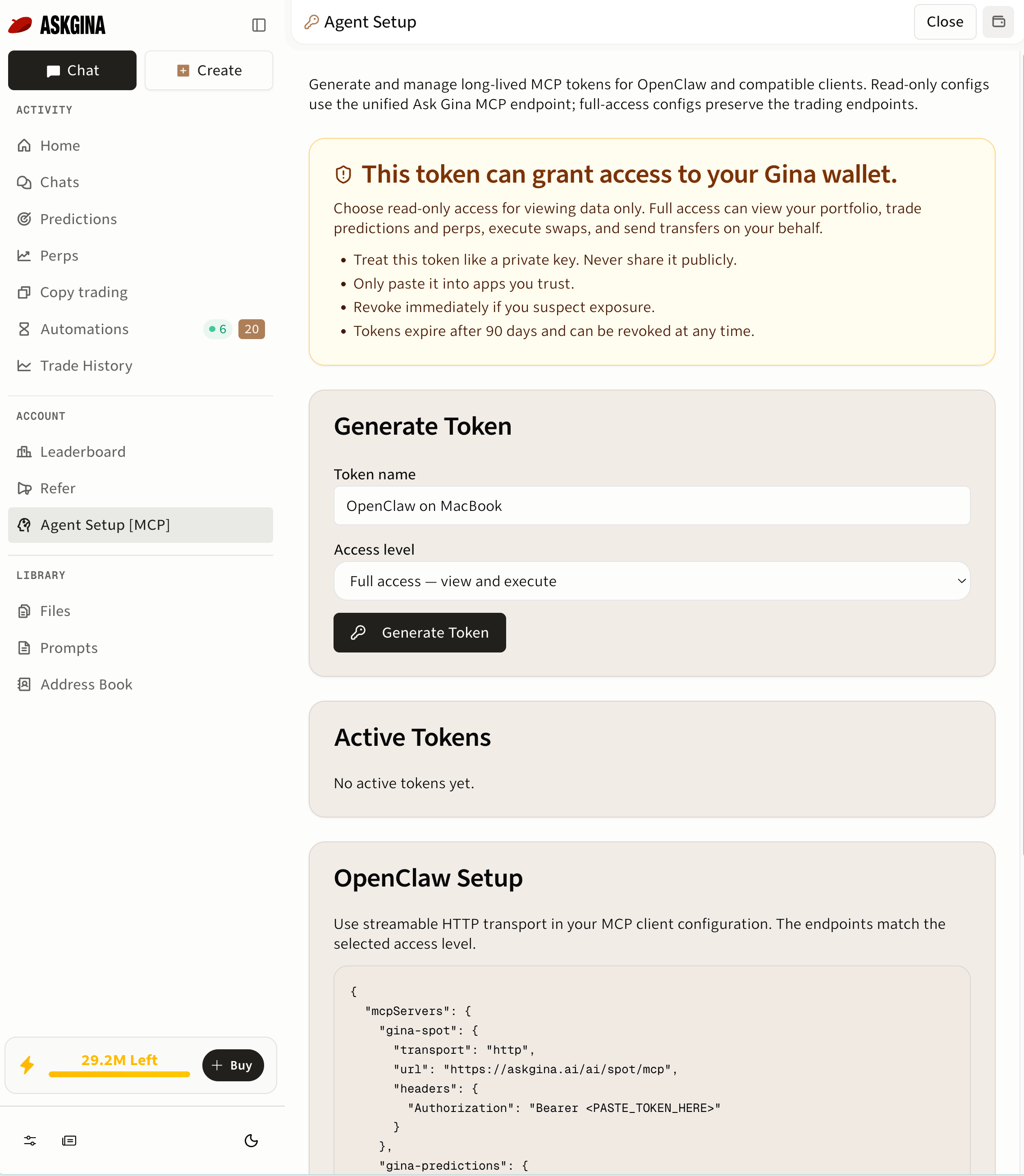 Gina Agent Setup showing the wallet-access notice, Full access — view and execute selected, and a venue-specific MCP configuration with a placeholder token.