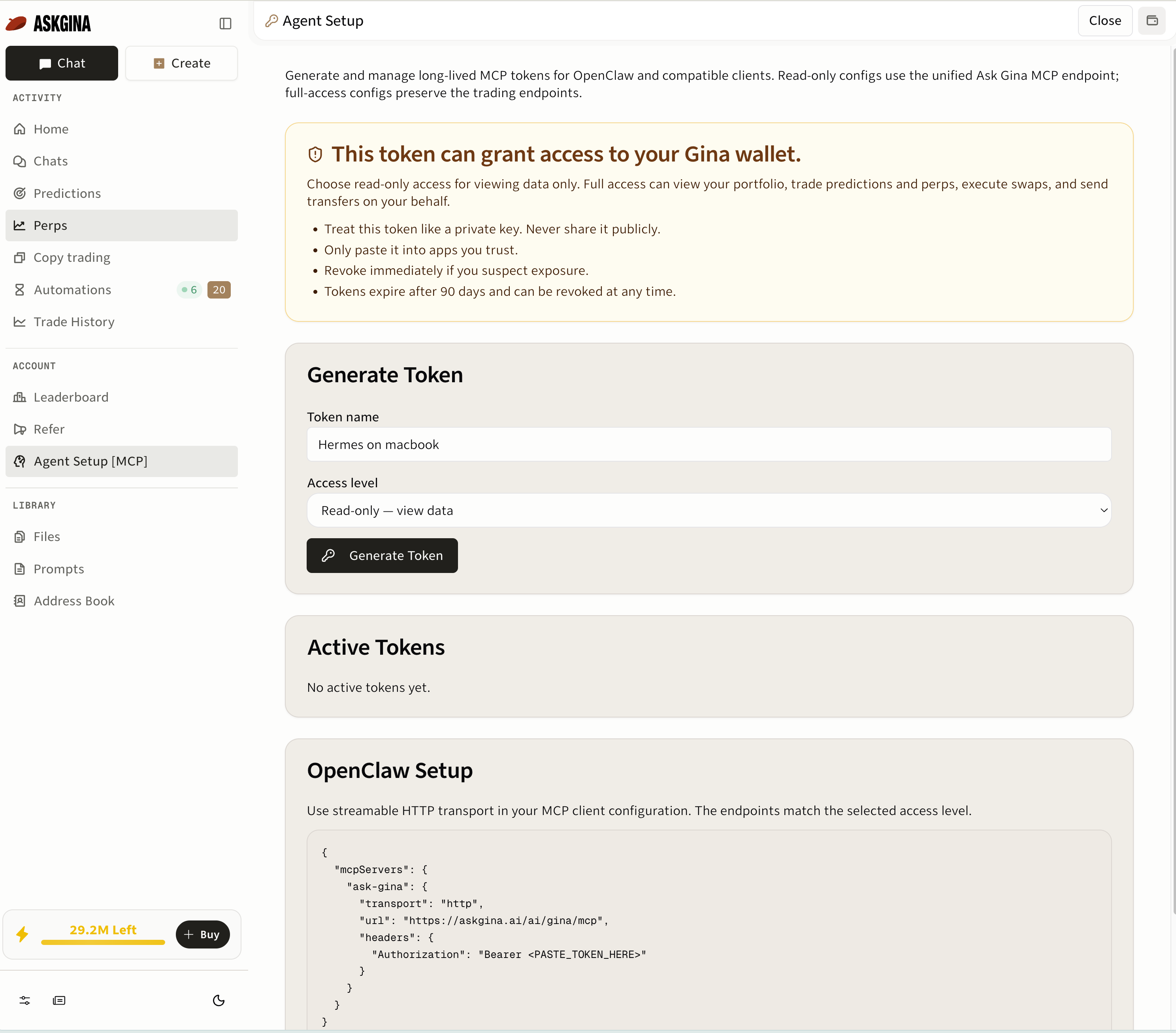 Gina Agent Setup showing token permissions, Read-only — view data selected, no active tokens, and an MCP configuration with a placeholder token.