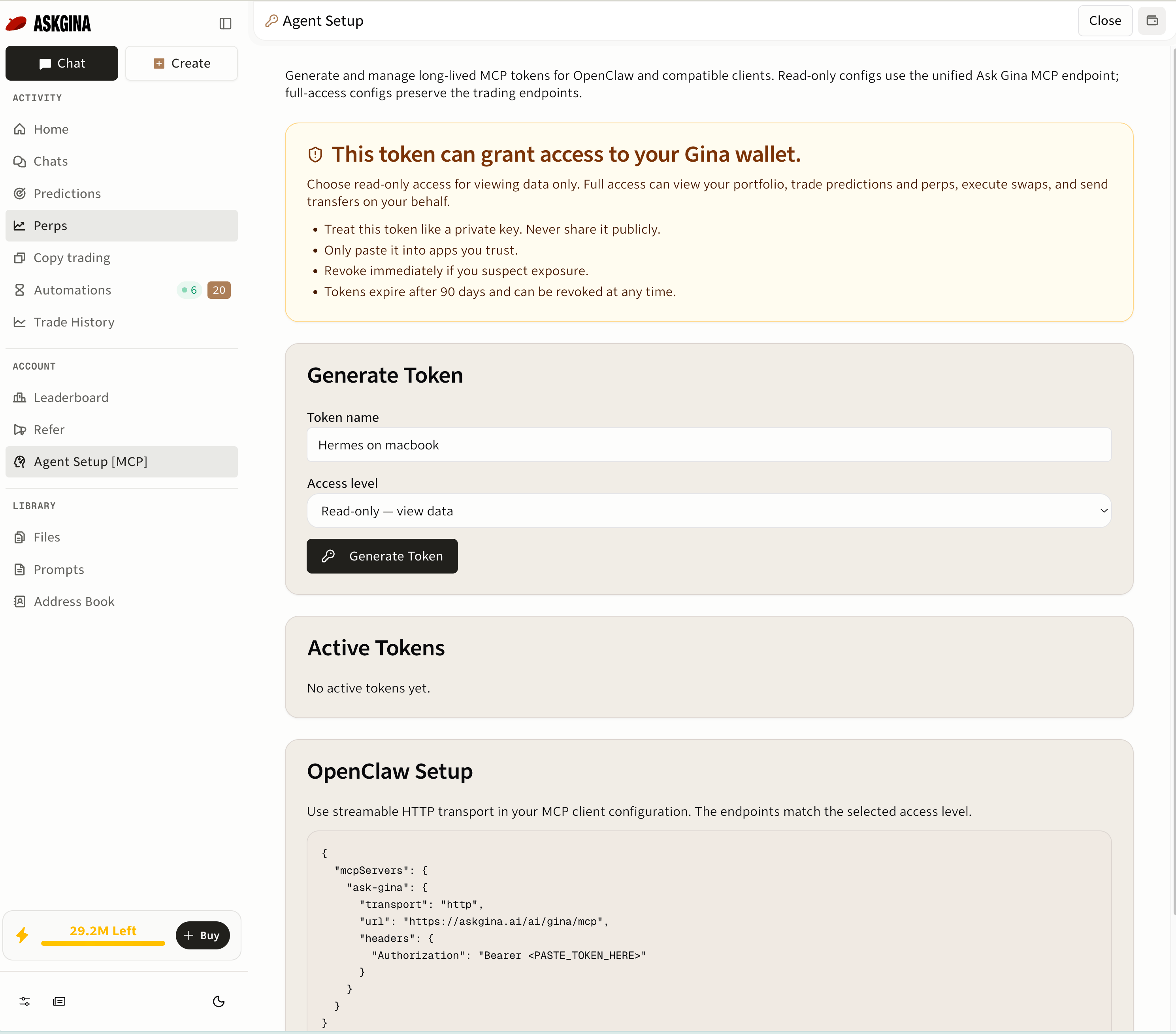 Gina Agent Setup showing token permissions, Read-only — view data selected, no active tokens, and an MCP configuration with a placeholder token.
