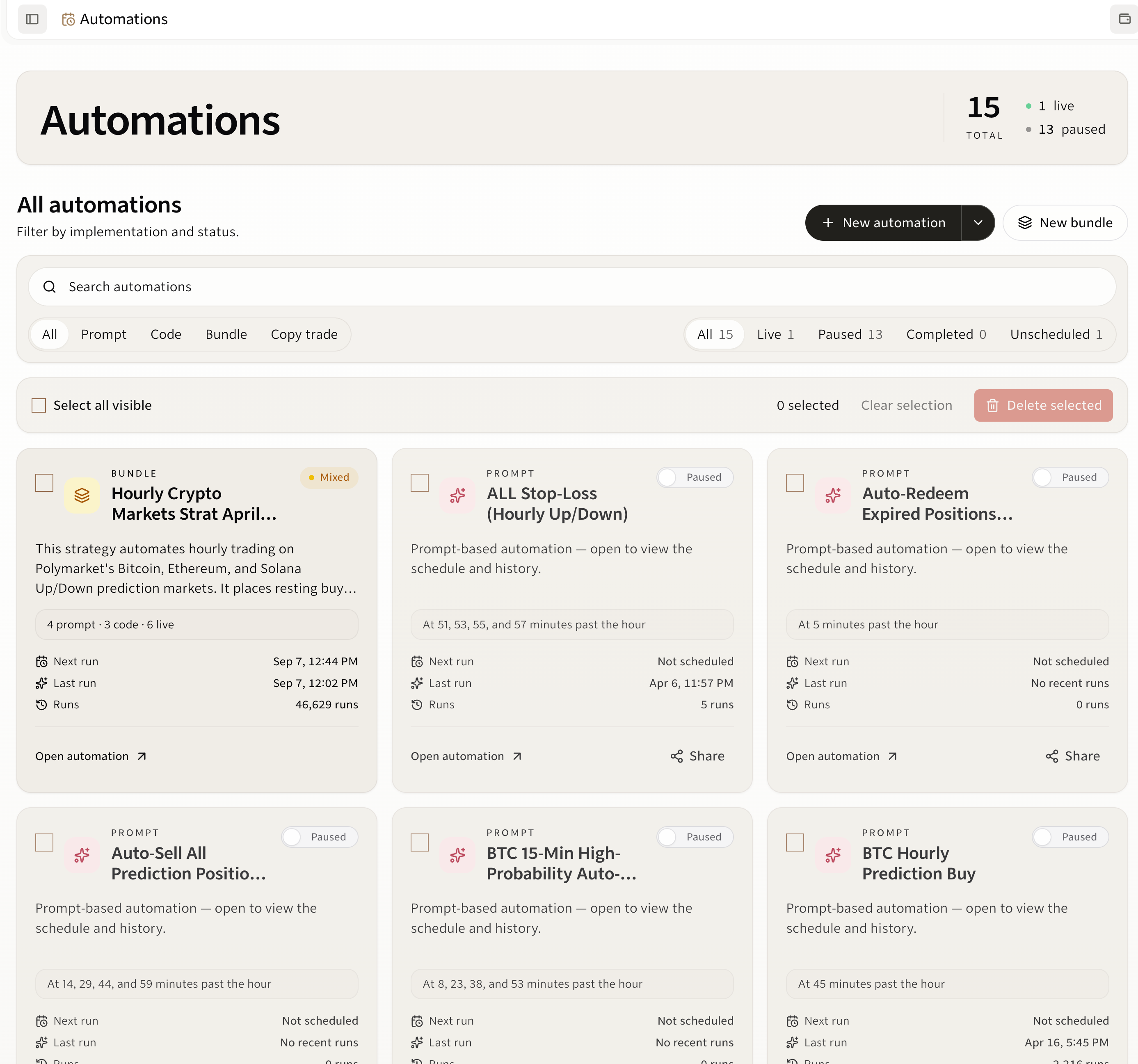 Gina Automations overview with search, type and status filters, and cards showing schedules, run counts, and live or paused states.