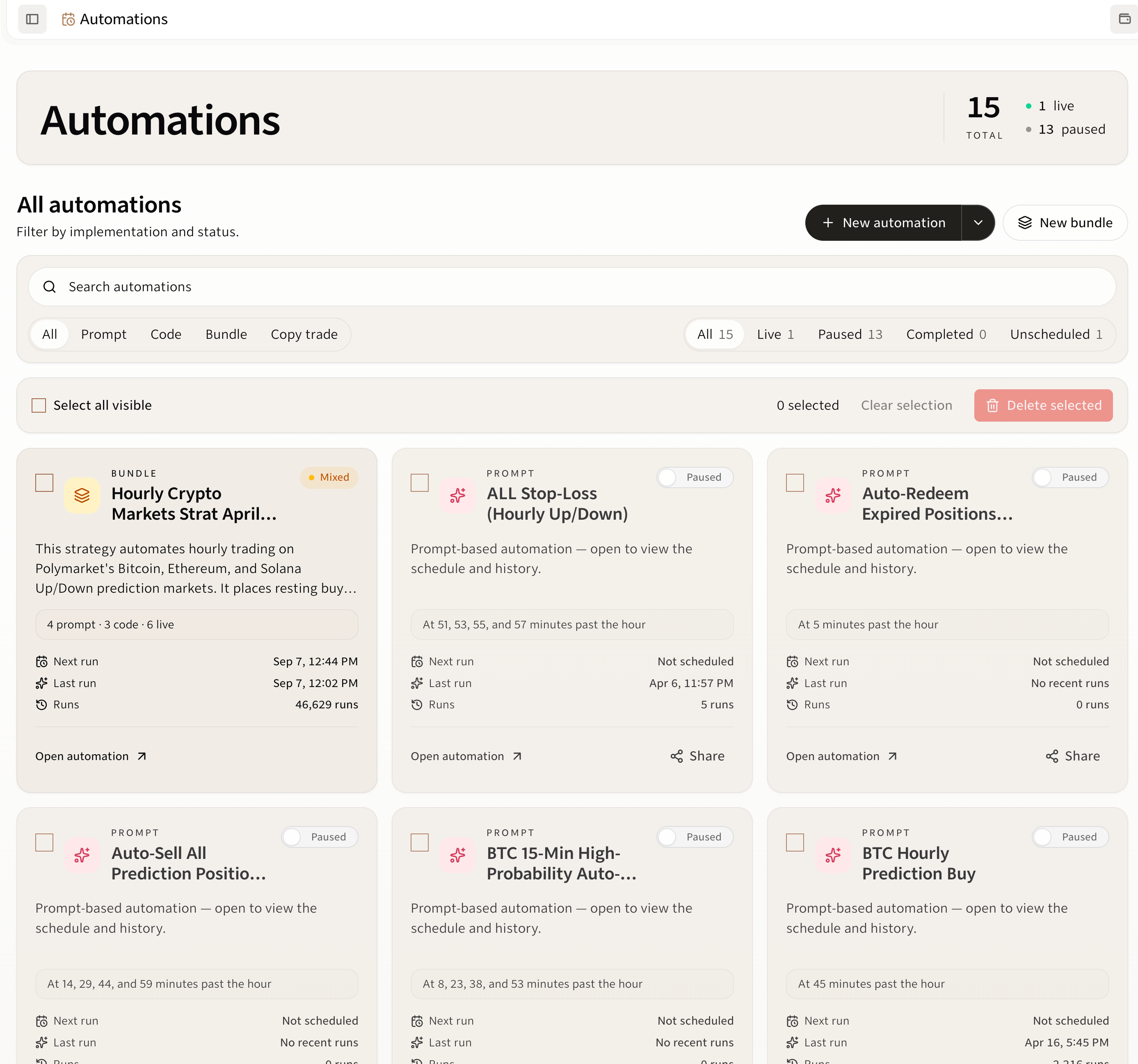 Gina Automations overview with search, type and status filters, and cards showing schedules, run counts, and live or paused states.