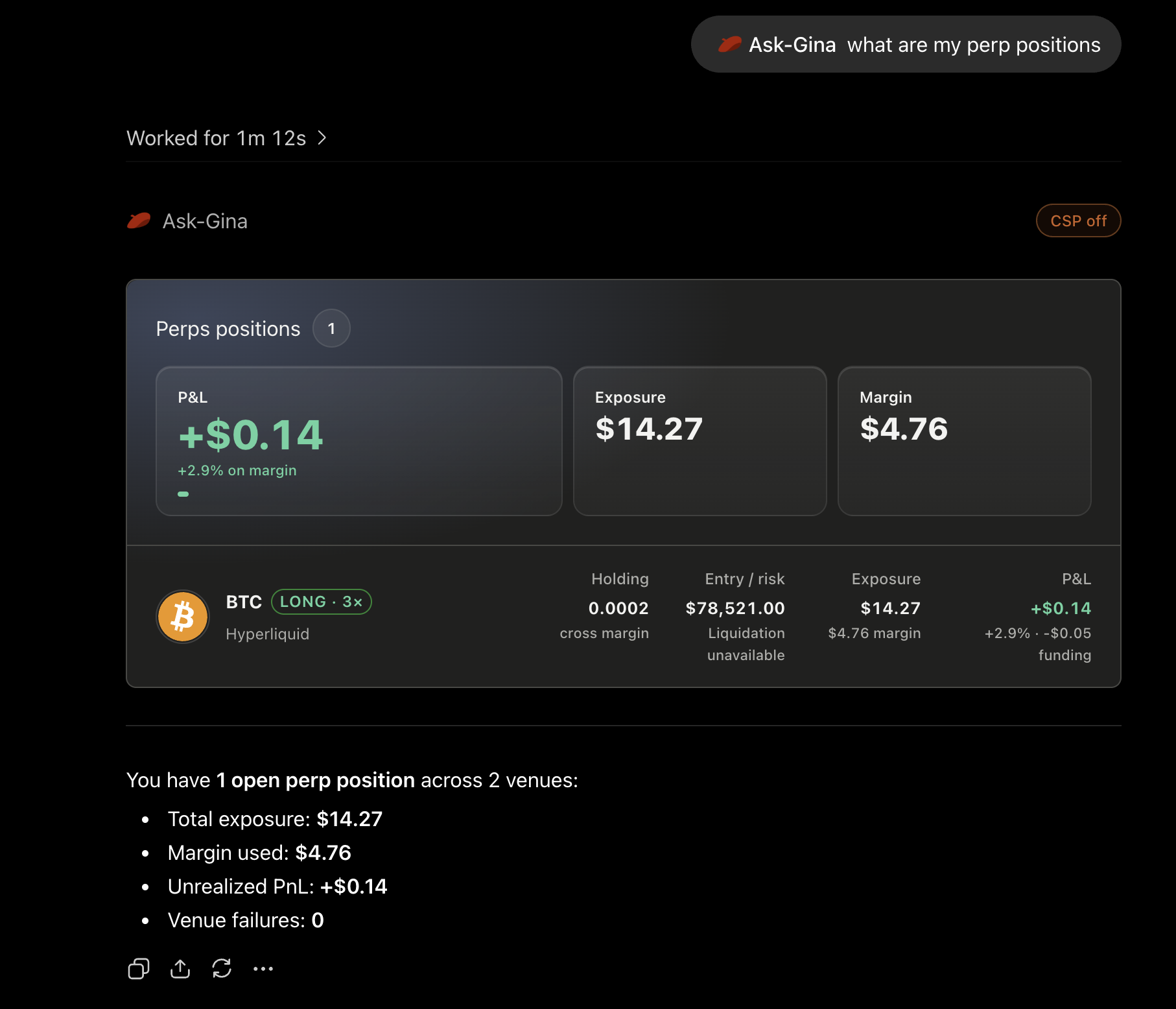 Gina's perps positions widget in ChatGPT showing one BTC long position, leverage, holding size, entry price, exposure, margin, funding, and unrealized P&L.
