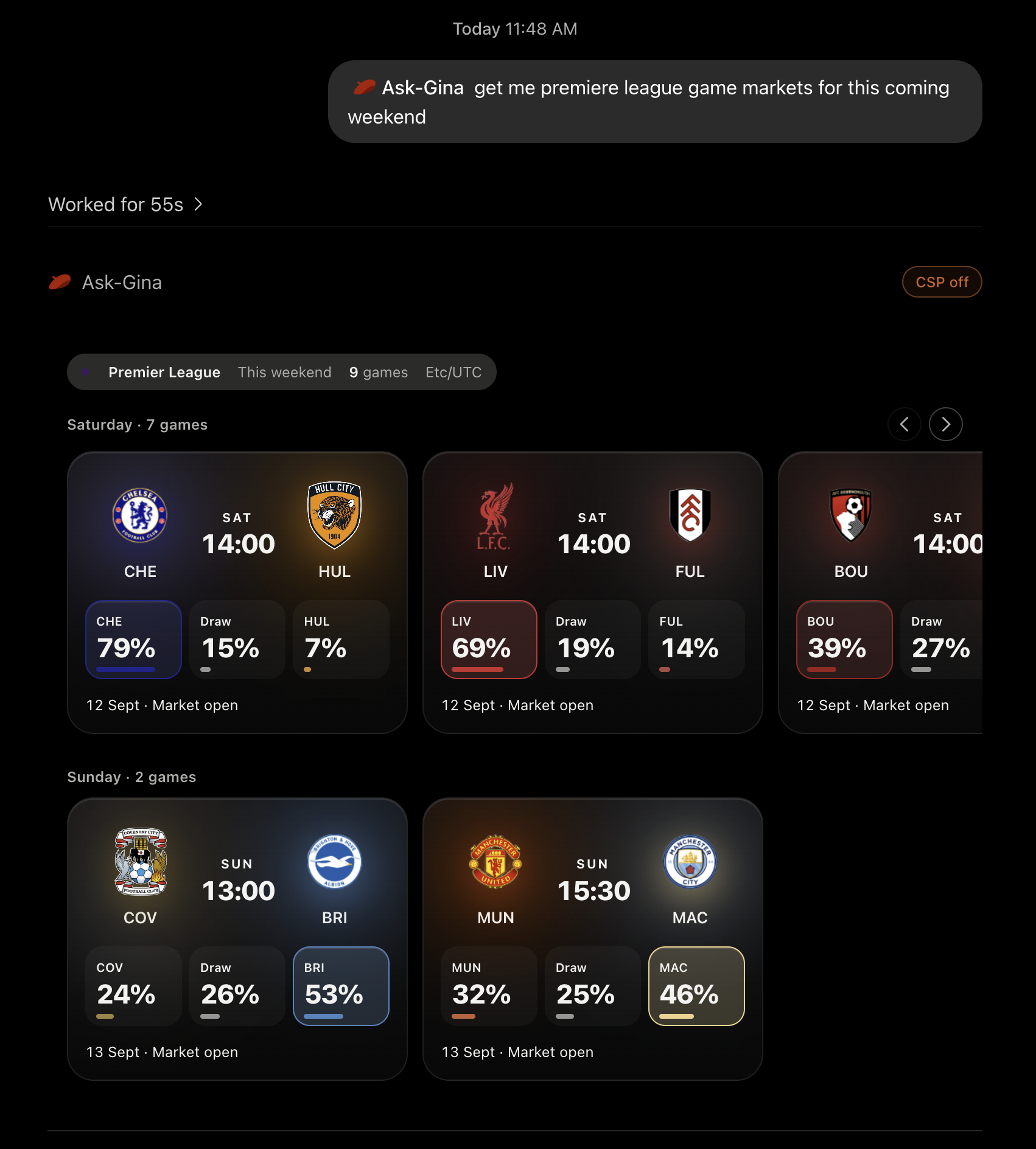 Gina's sports prediction widget in ChatGPT dark mode, showing Premier League game cards grouped by Saturday and Sunday with kickoff times and team or draw outcome prices.