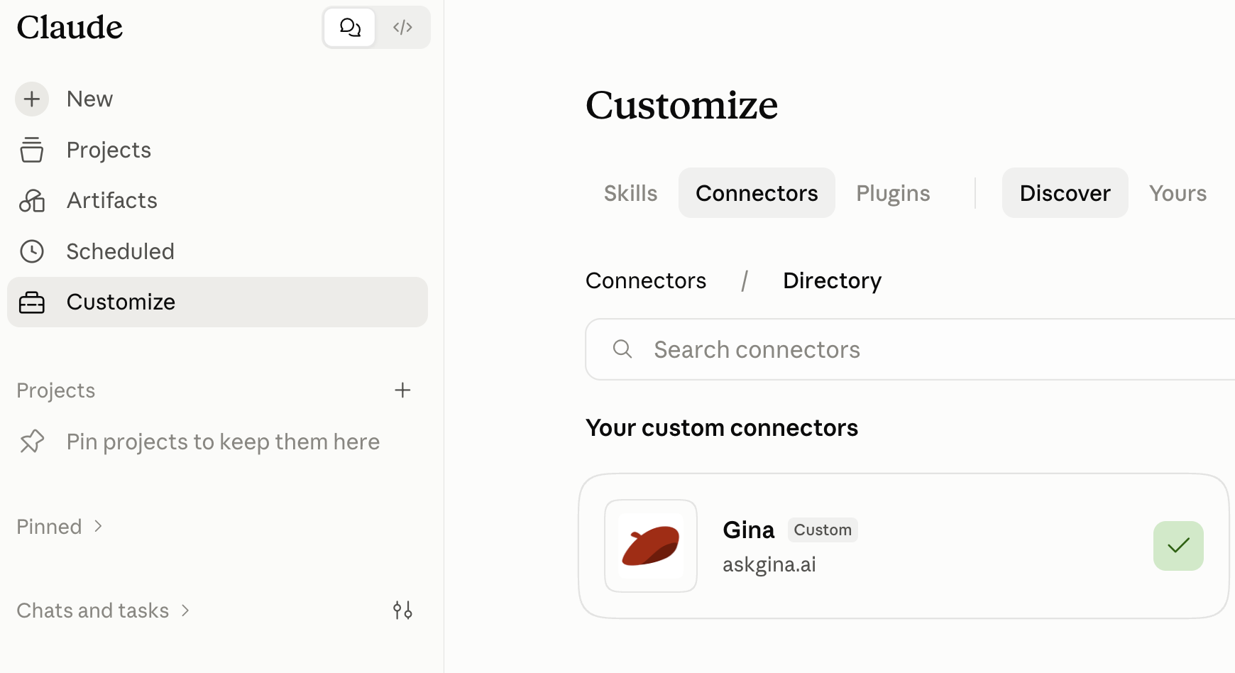 Claude Customize screen with Connectors selected and Gina listed under Your custom connectors, showing askgina.ai and a green checkmark.