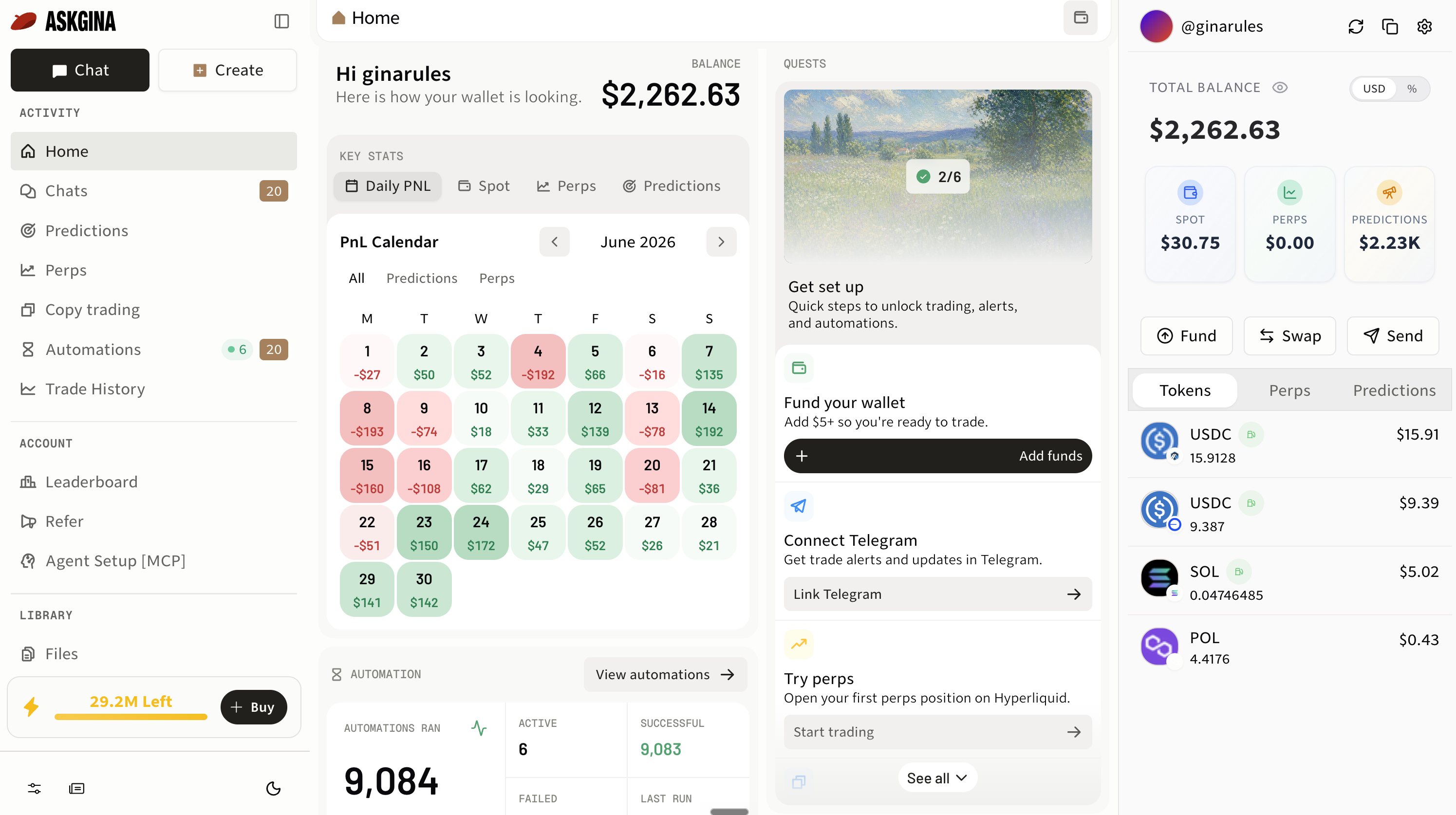 Gina Home dashboard showing the PnL calendar, setup quests, automation activity, and wallet balances.