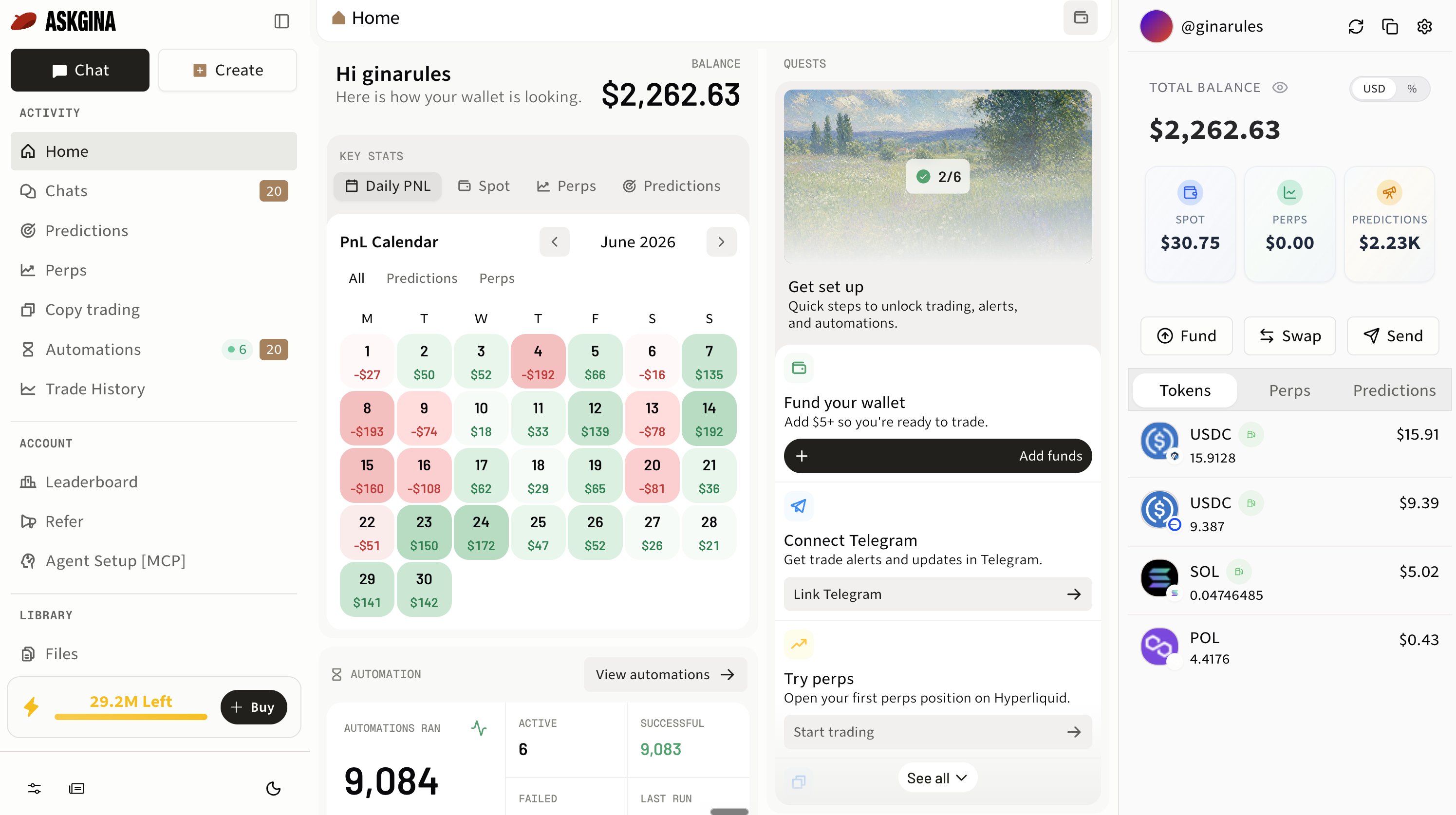 Gina Home dashboard showing the PnL calendar, setup quests, automation activity, and wallet balances.