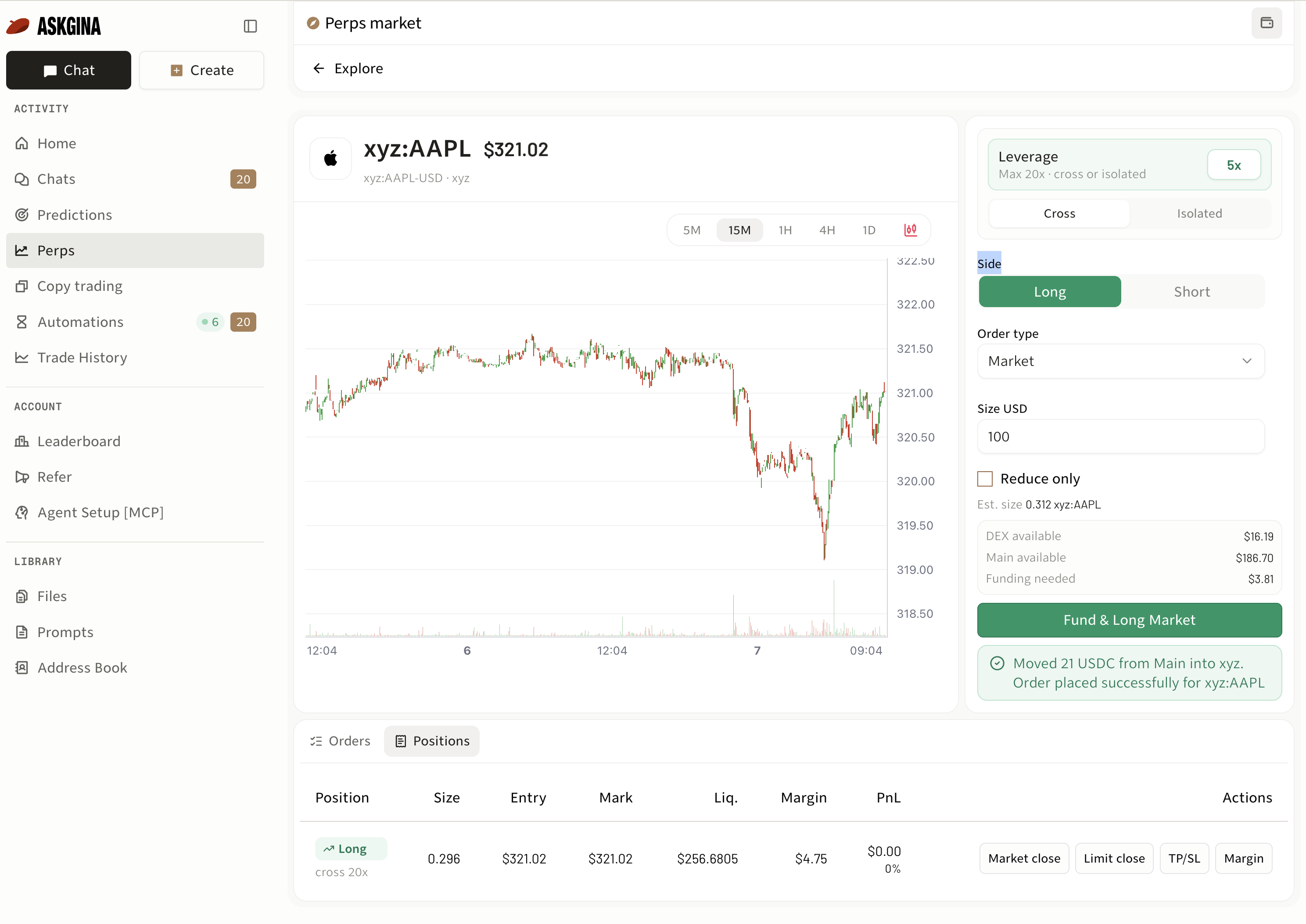 Gina Perps market detail for xyz:AAPL, showing a price chart, order form, and open long position with margin, liquidation price, and position controls.