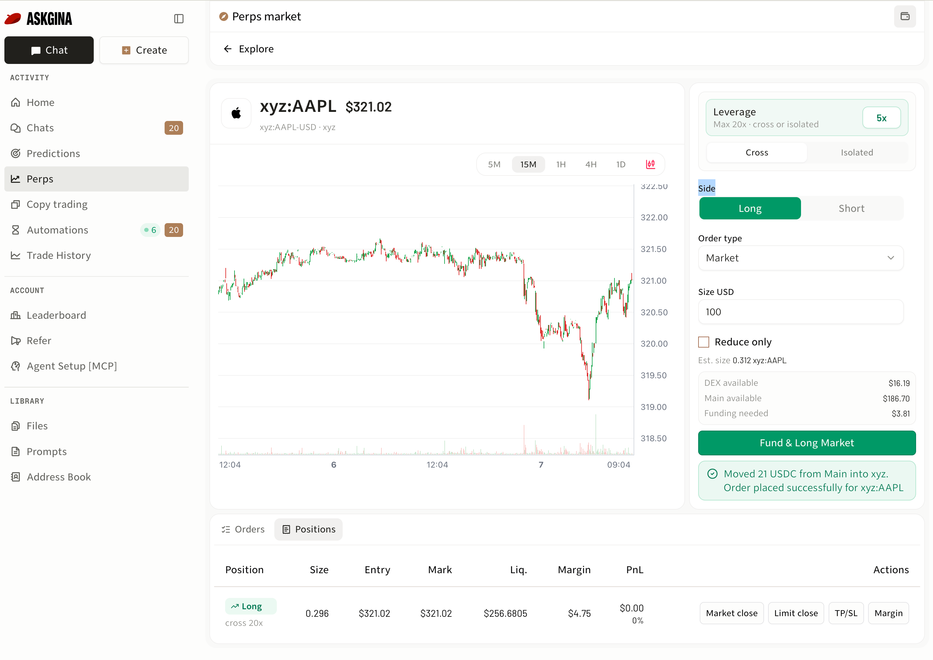 Gina Perps market detail for xyz:AAPL, showing a price chart, order form, and open long position with margin, liquidation price, and position controls.