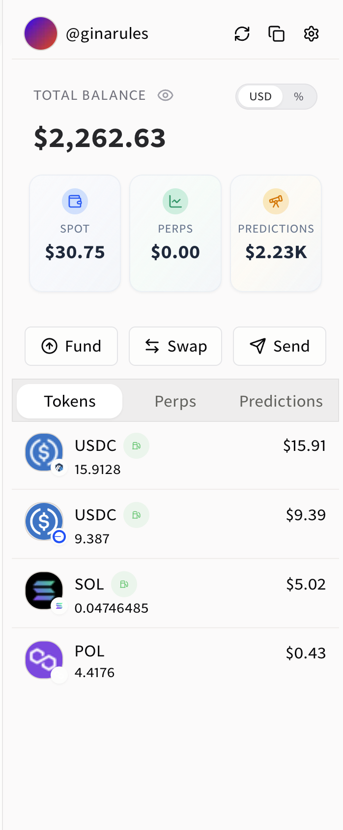 Wallet overview with total, Spot, Perps, and Predictions balances.