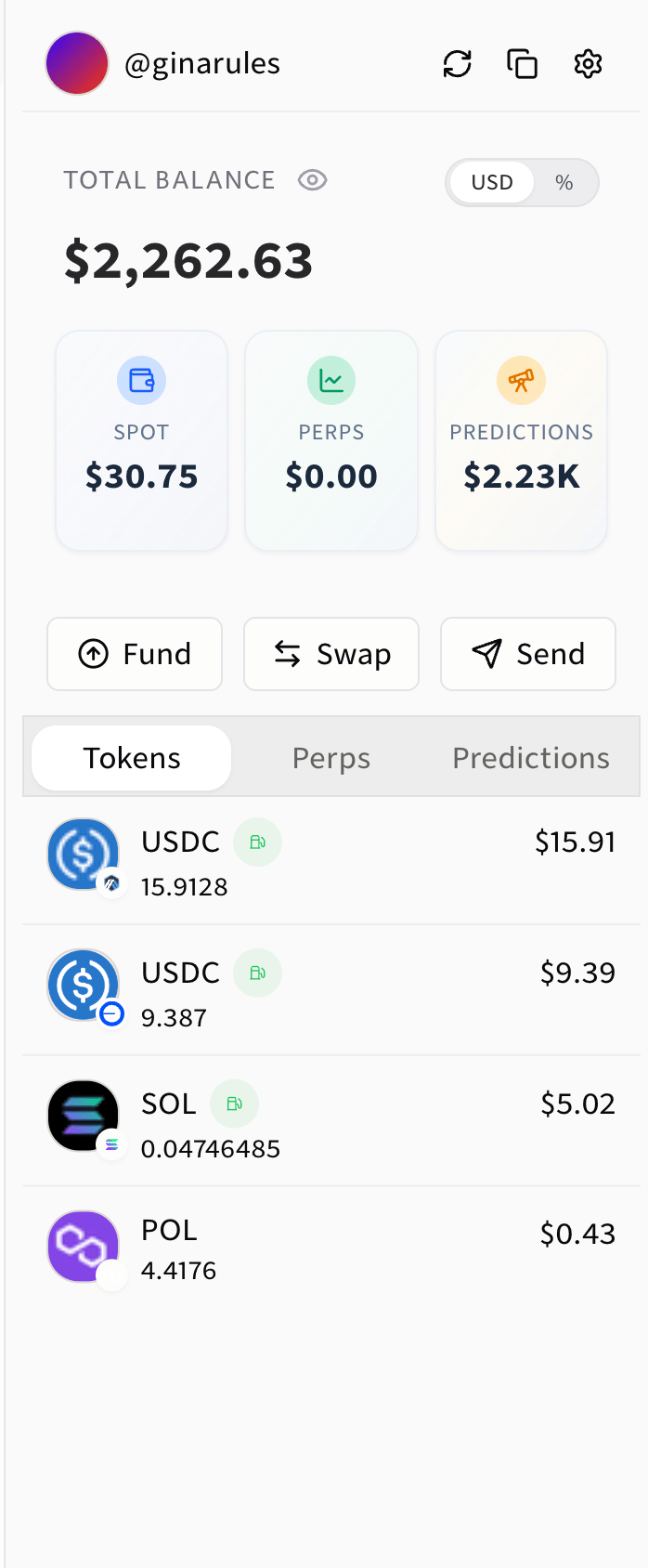 Wallet overview with total, Spot, Perps, and Predictions balances.