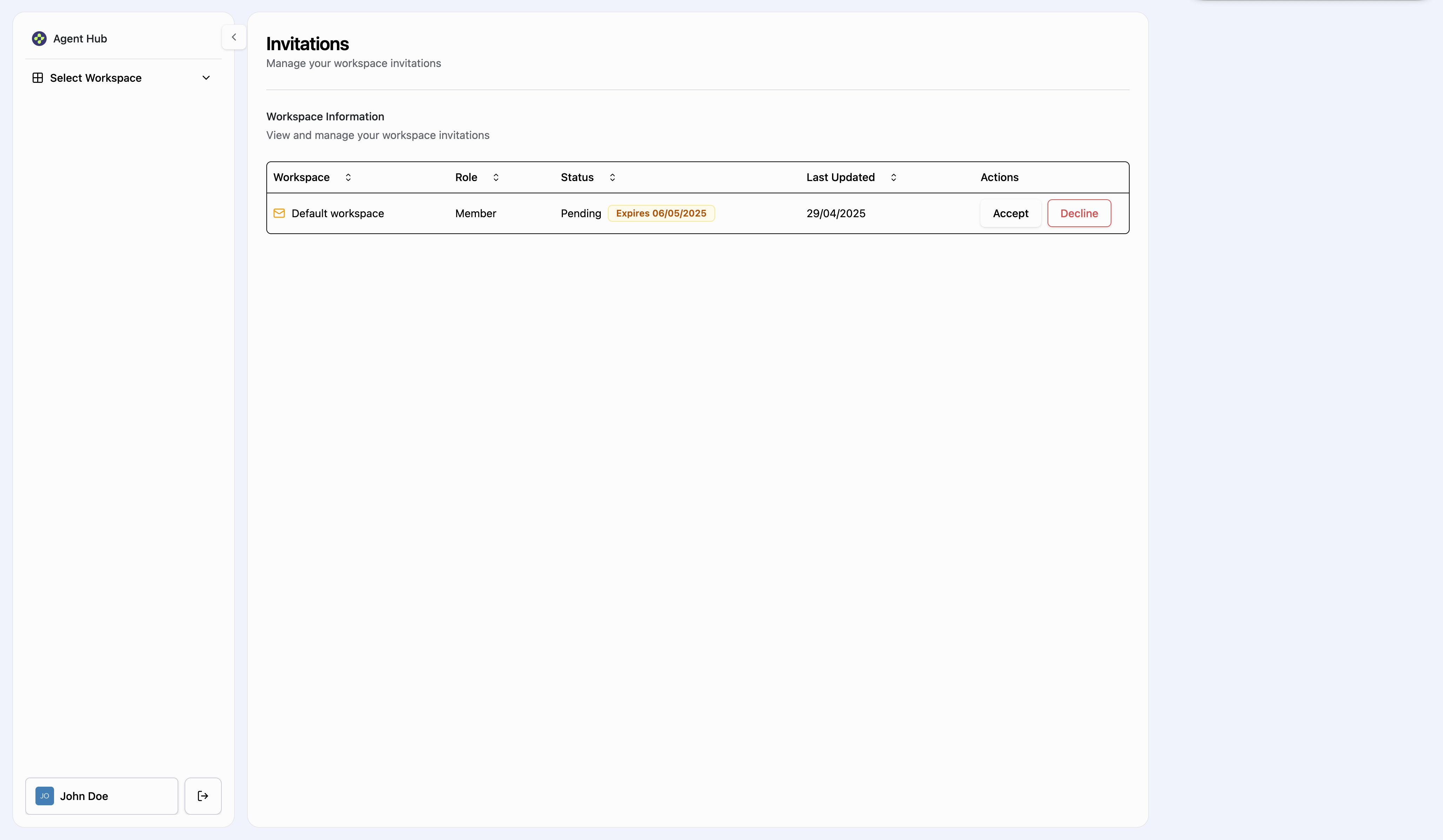 Invitations page with Accept and Decline options