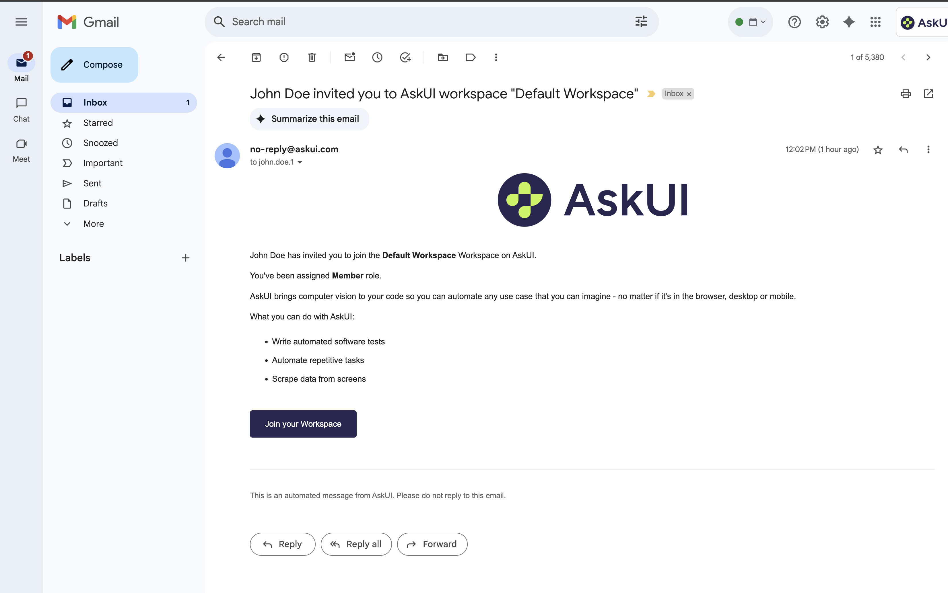 Example of invitation email in inbox
