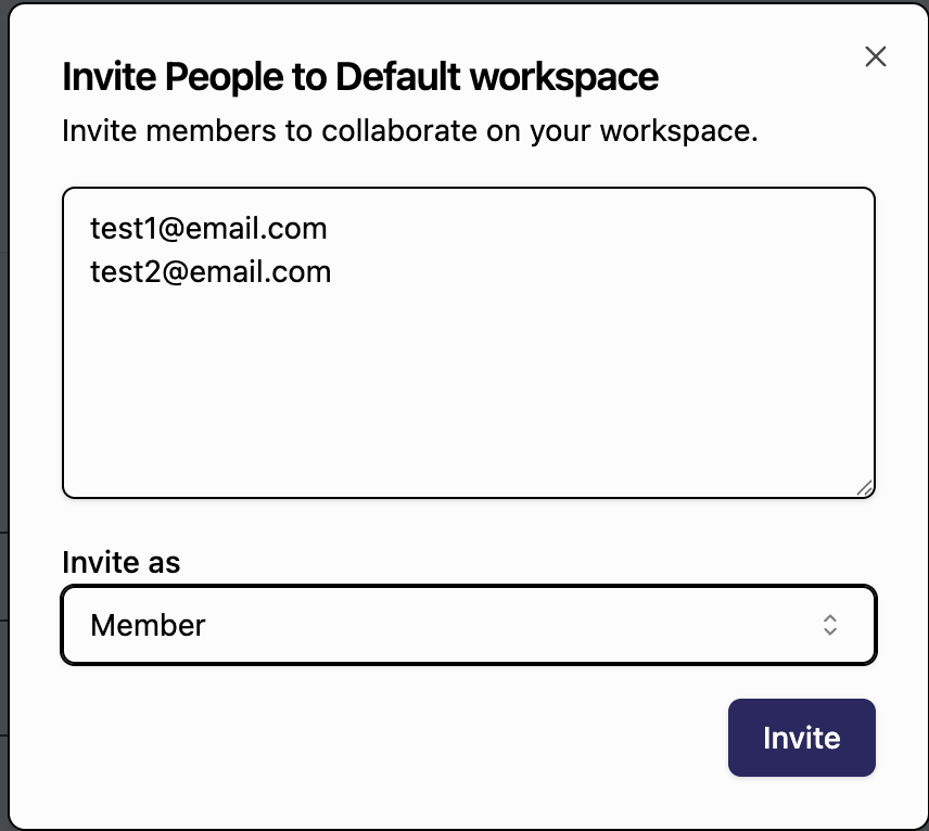 Popup for adding member emails and selecting permissions