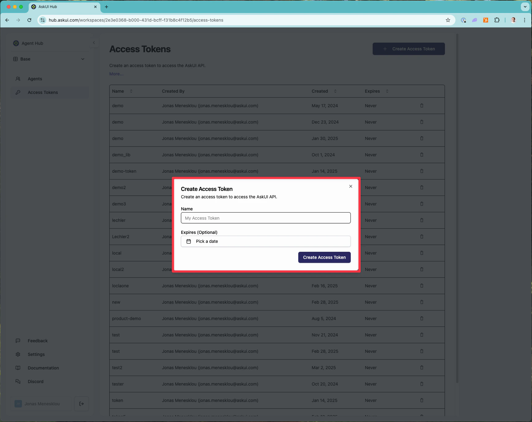 Create access token dialog