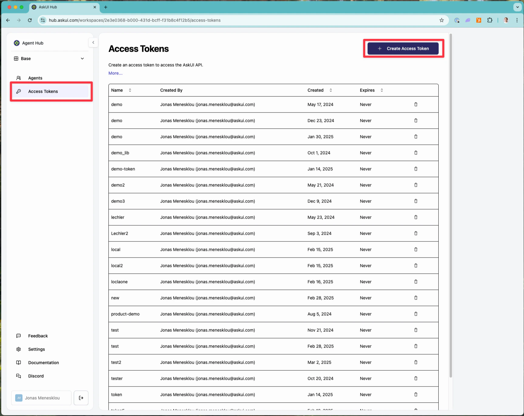 Create access token button