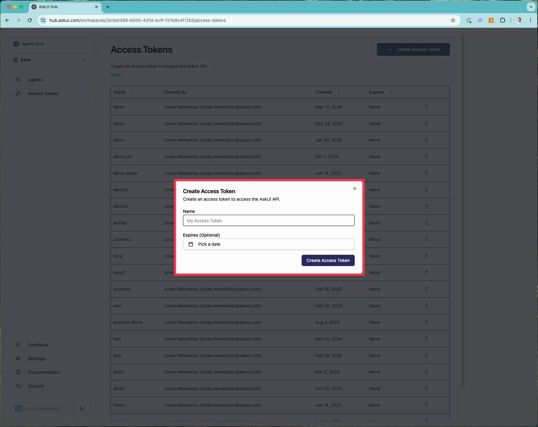 Create access token dialog