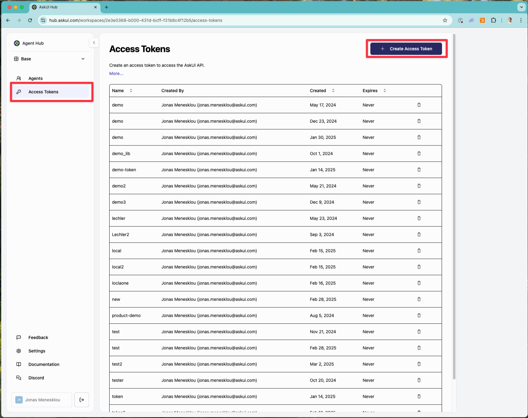 Create access token button
