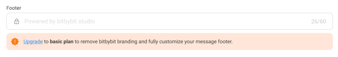 Locked footer field on Free plan showing "Powered by bitbybit studio" and an upgrade prompt