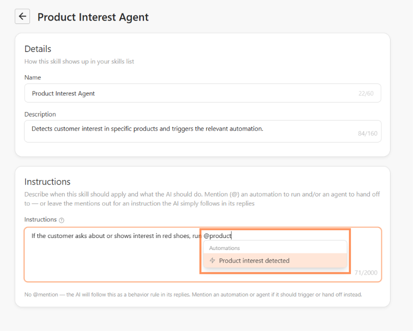 Custom skill page with instructions that mention an automation, and the Automations list shown after typing @