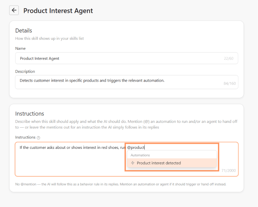 Custom skill page with instructions that mention an automation, and the Automations list shown after typing @