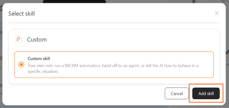 Select skill window with Custom skill selected and the Add skill button highlighted